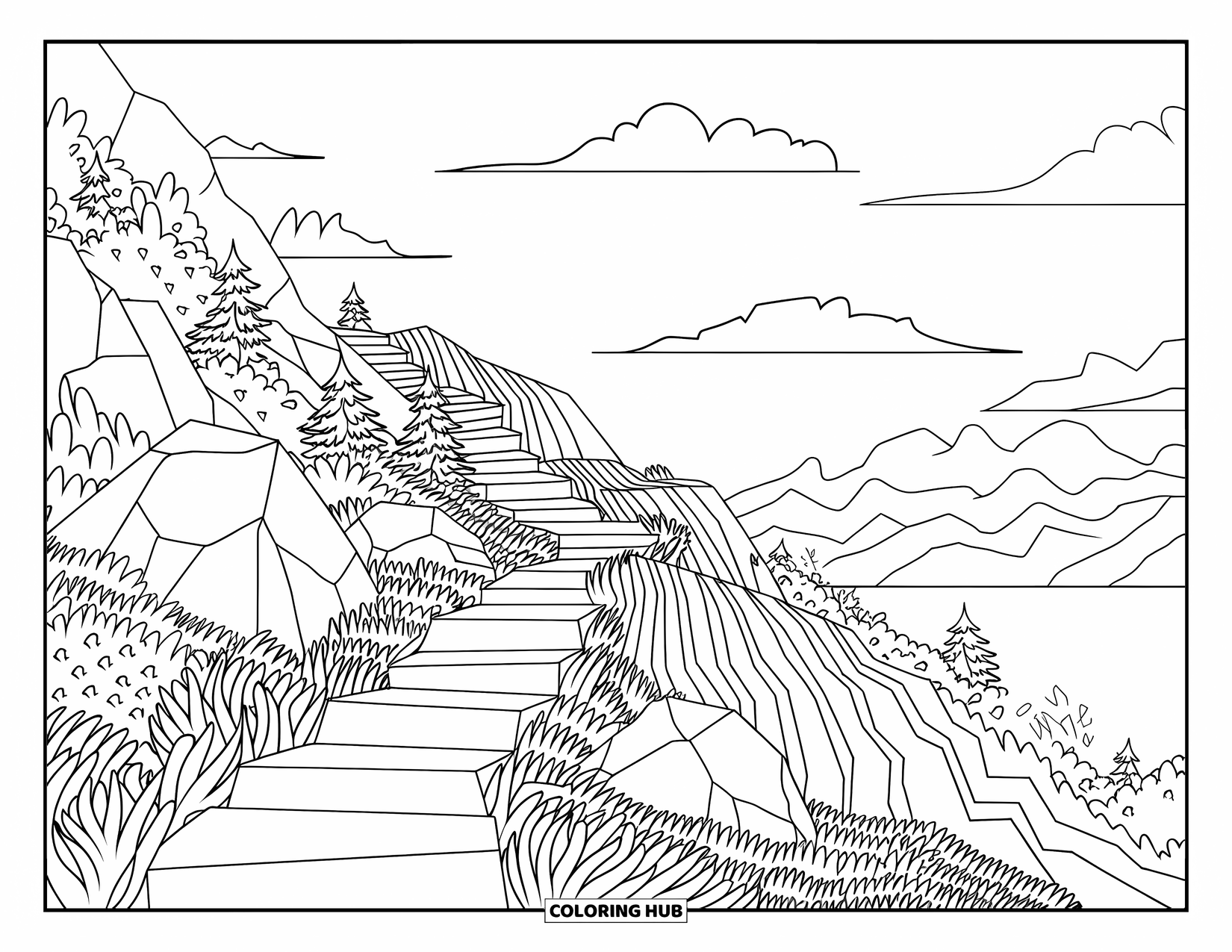 Trippy Coloring Page for Kids: Square-step trails lead up a mountain past rocks and a calm lake