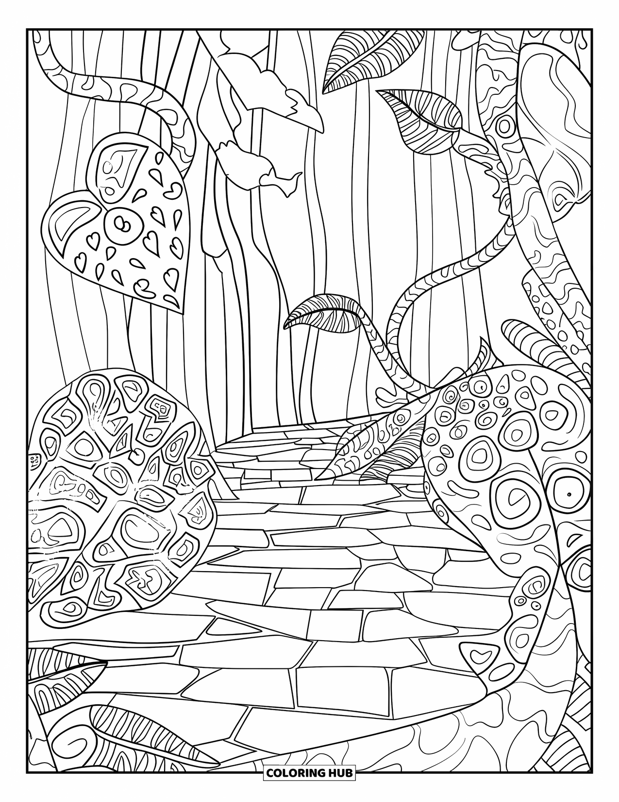 Trippy Coloring Page for Kids: Stars, spirals, and hearts decorate the leaves on a jungle trail