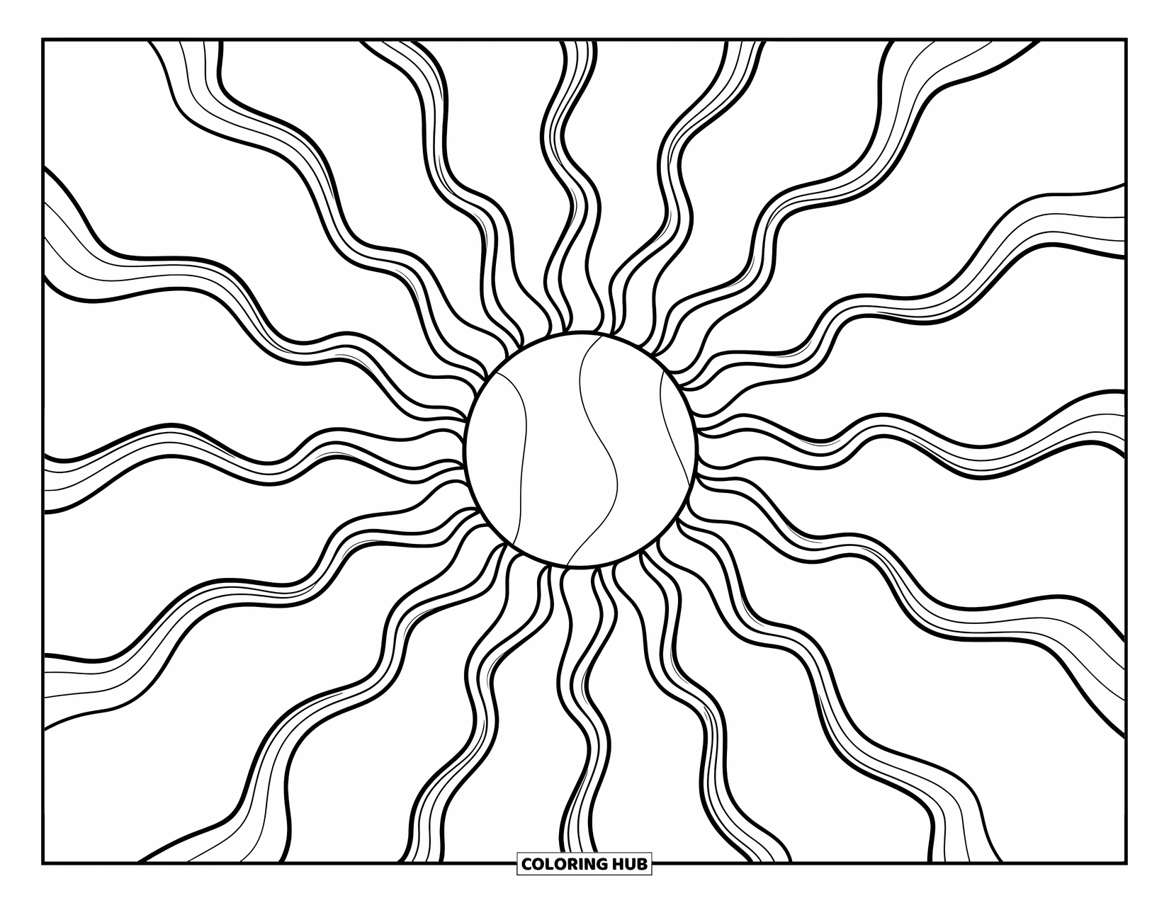 Trippy Coloring Page for Kids: Wavy sun rays twist in circles and zigzags across the sky
