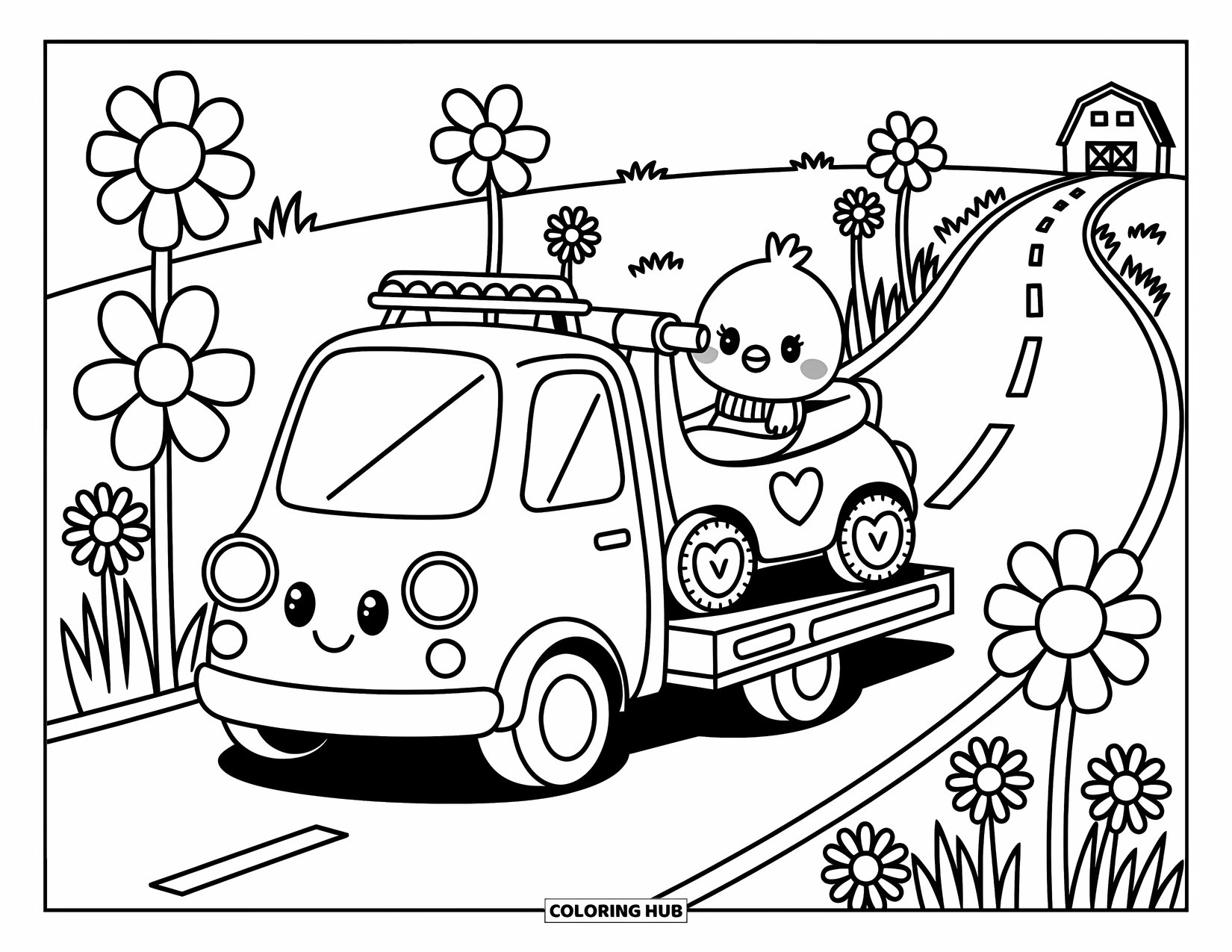 LKW Ausmalbild für Erwachsene: Ein fröhlicher Abschleppwagen hebt einen Roller mit Herzrädern und einem Schal tragenden Küken im Inneren an