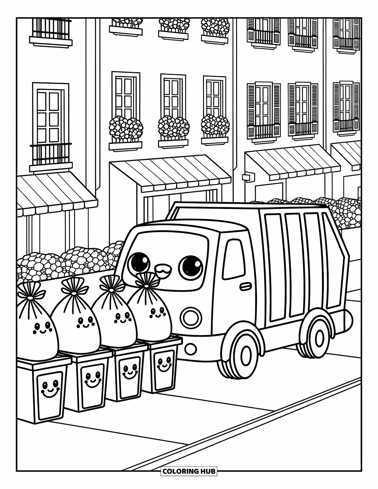 LKW Ausmalbild für Erwachsene: Ein niedlicher Müllwagen sammelt lächelnde Müllsäcke in der Nähe von gemütlichen Häusern und bepflanzten Balkonen