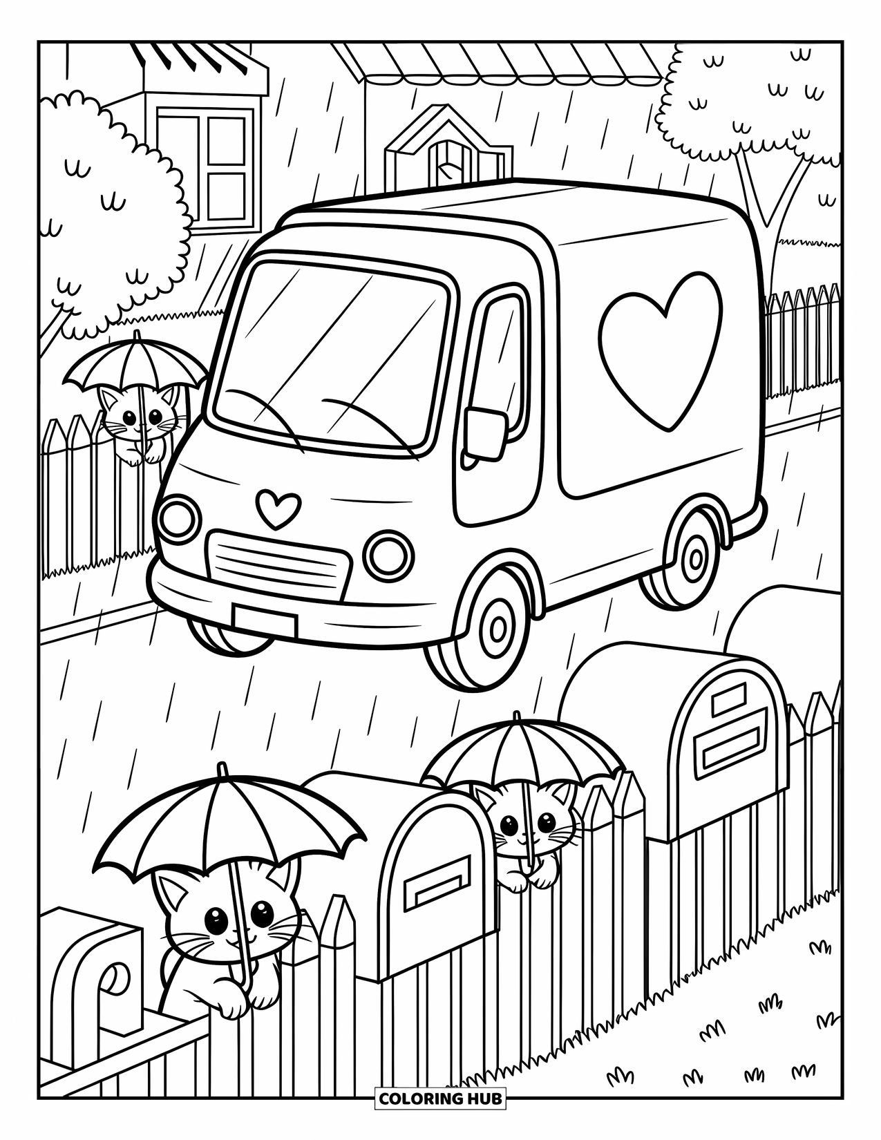 LKW Ausmalbild für Erwachsene: Ein Lieferwagen rollt im Regen vorbei, während neugierige Kätzchen winzige Regenschirme hochhalten