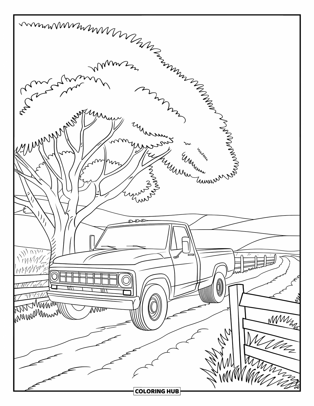 LKW Ausmalbild für Erwachsene: Ein Bauern-LKW ruht unter einem großen Baum in der Nähe eines Zauns und sanften Hügeln