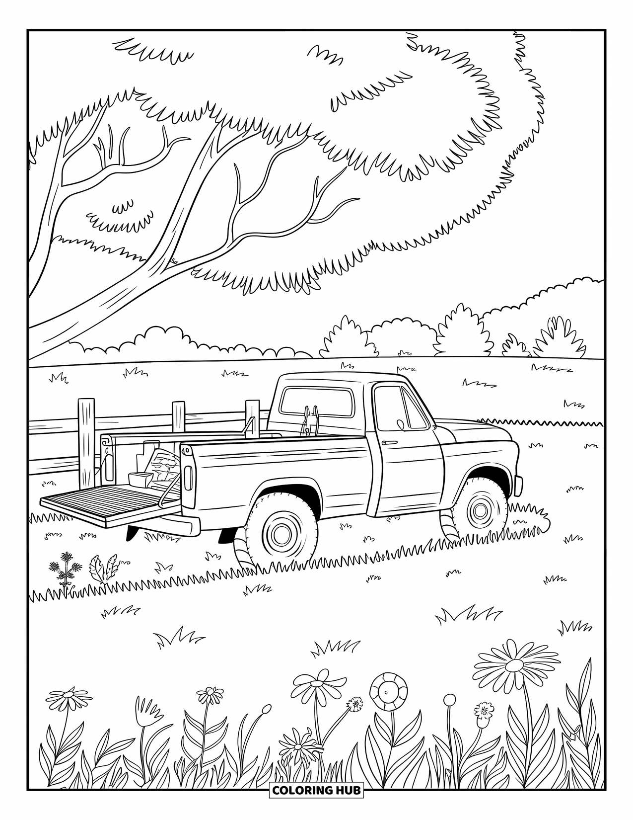 LKW Ausmalbild für Erwachsene: Ein Bauern-LKW ruht unter einem Baum neben einem Zaun und einem Wildblumenfeld