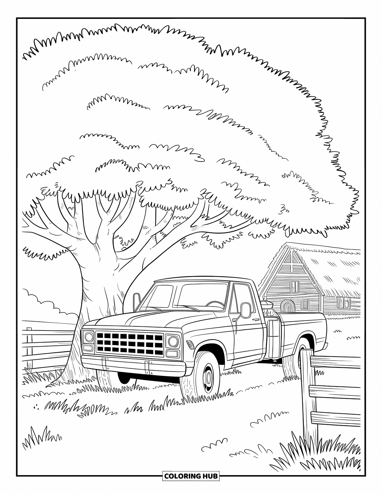 LKW Ausmalbild für Erwachsene: Ein Bauern-LKW mit offenen Türen steht in der Nähe eines Holzzauns und eines strohgedeckten Hauses