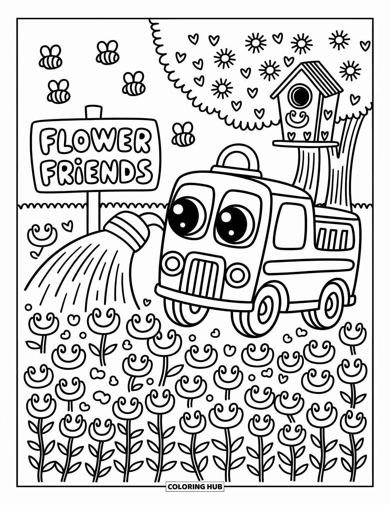 LKW Ausmalbild für Erwachsene: Eine Feuerwehr bewässert sanft lächelnde Blumen, geführt von einem Leiter-Schlauch und fröhlichen Gartenfreunden