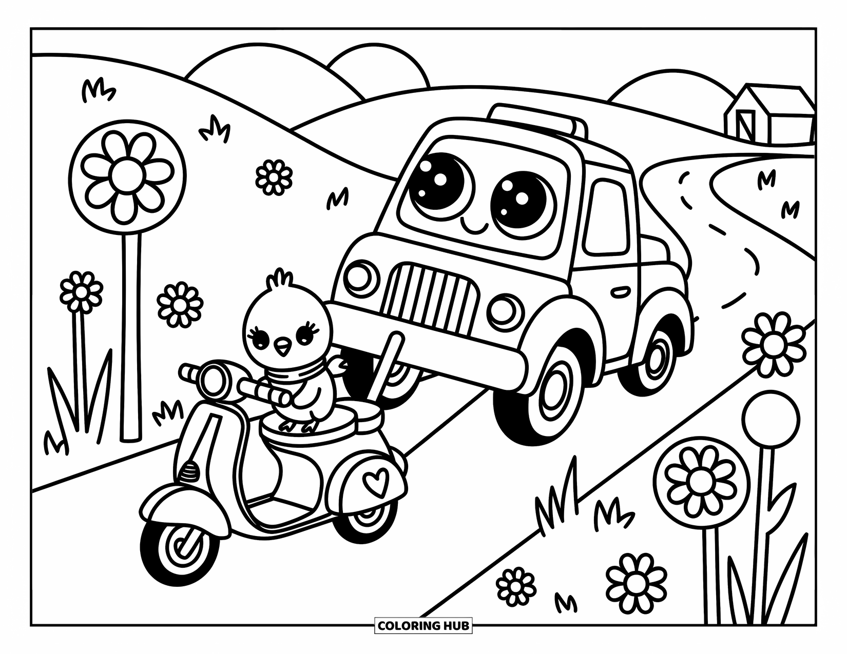 LKW Ausmalbild für Erwachsene: Ein freundlicher Abschleppwagen hilft einem niedlichen Roller mit Herzrädern und einem gemütlichen kleinen Küken