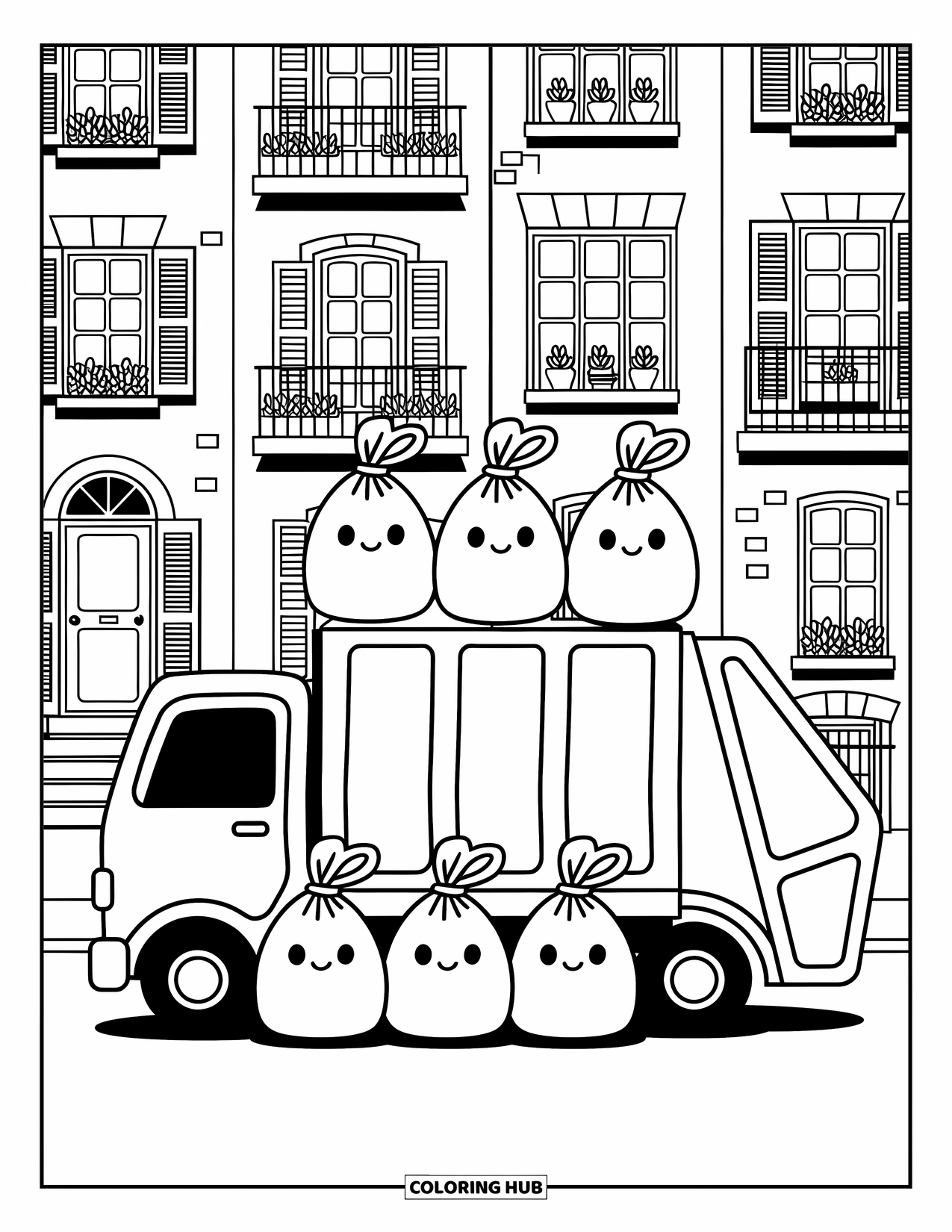 LKW Ausmalbild für Erwachsene: Ein fröhlicher Müllwagen sammelt niedliche Müllsäcke neben winzigen Recyclingtonnen und gemütlichen Häusern ab