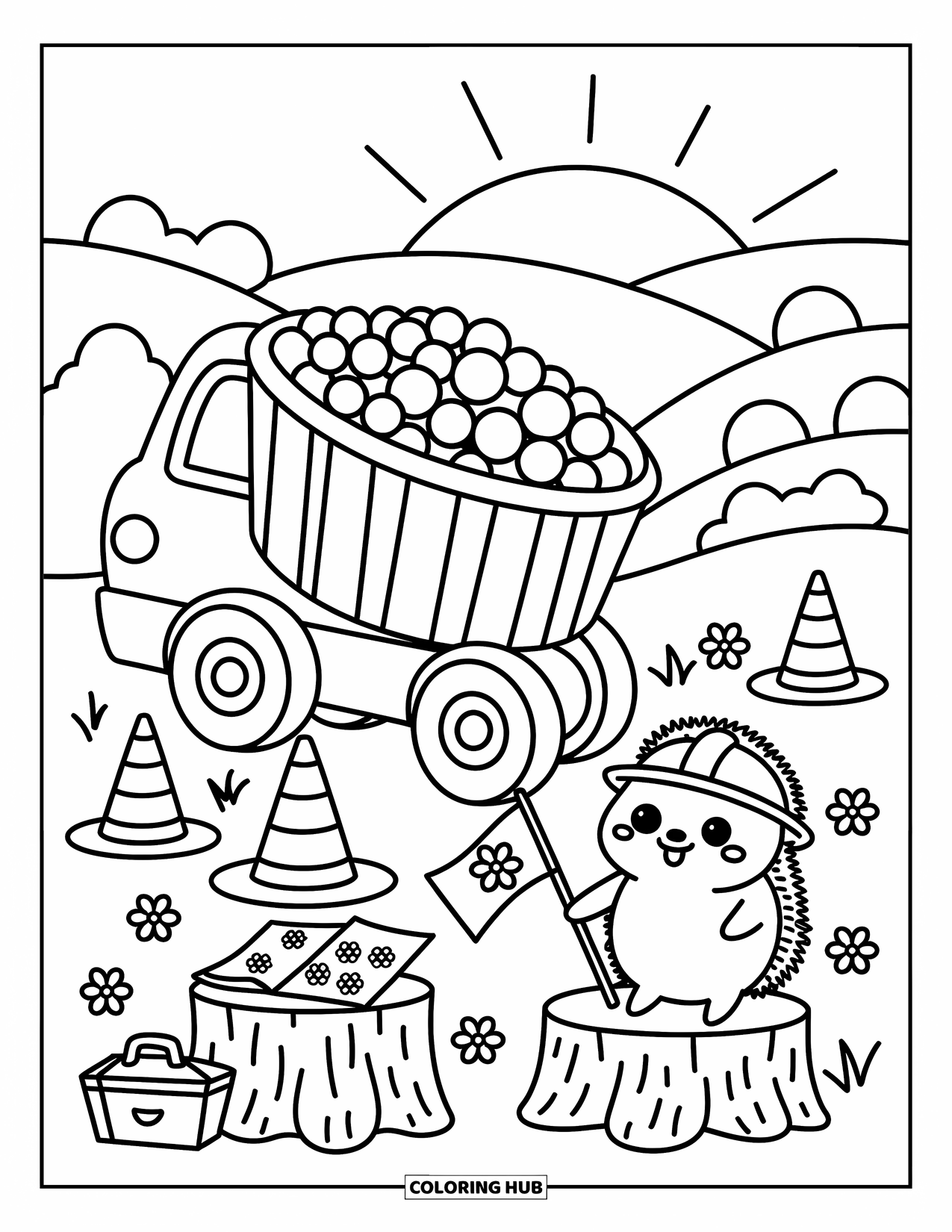 LKW Ausmalbild für Erwachsene: Ein Igel führt einen Muldenkipper, der Kieselsteine auf einer winzigen, gemütlichen Baustelle ablädt