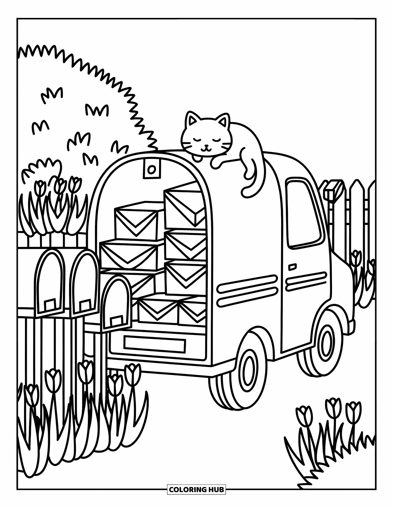 LKW Ausmalbild für Erwachsene: Ein Postwagen voller Pakete parkt an gemütlichen Briefkästen, mit einer Katze, die oben schläft