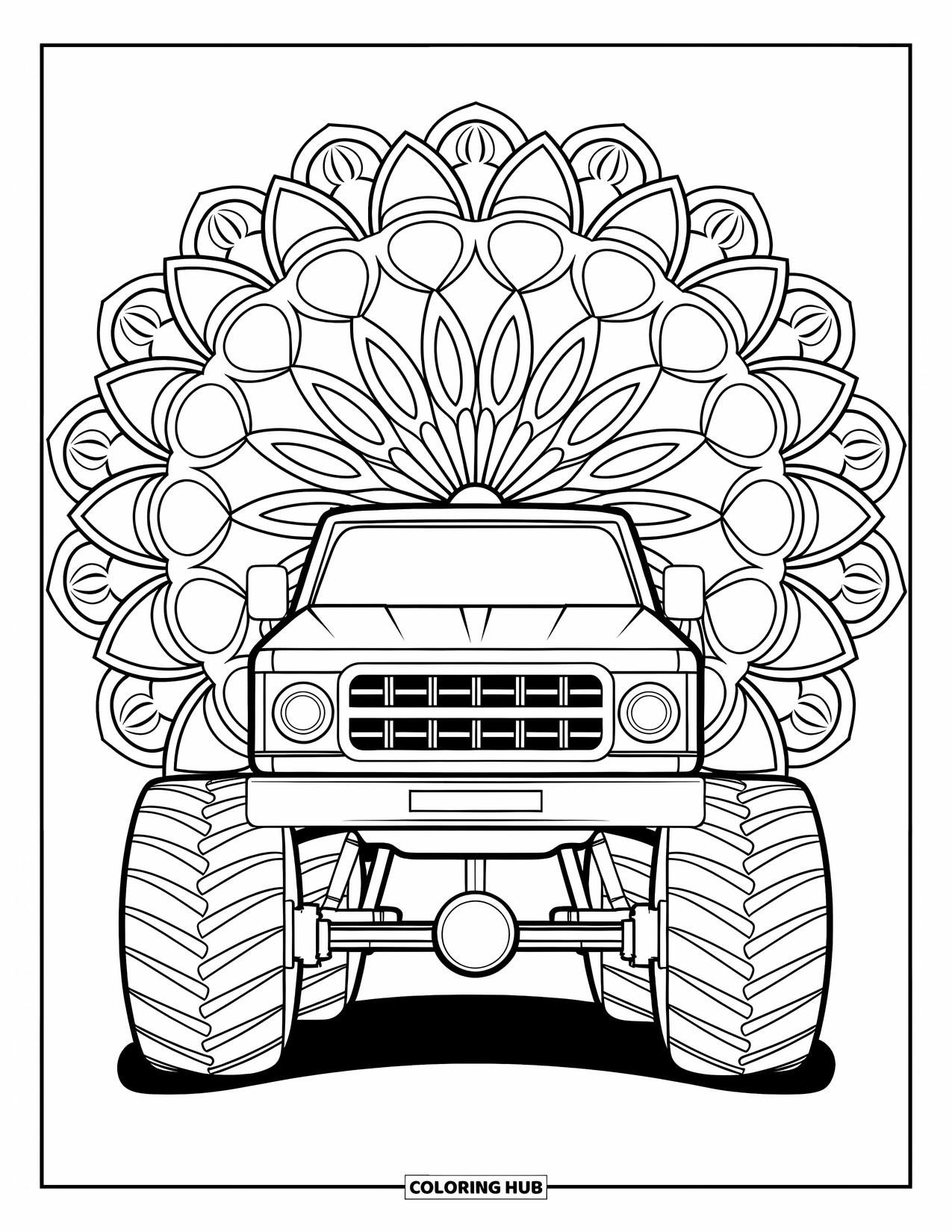 LKW Ausmalbild für Erwachsene: Ein Monstertruck mit großen Rädern ist von floralen Mandala-Mustern umgeben