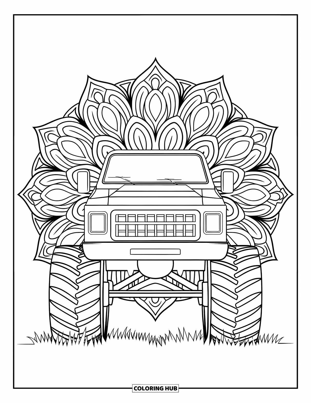 LKW Ausmalbild für Erwachsene: Ein Monstertruck mit runden Rädern wird von einem floralen Mandala umrahmt