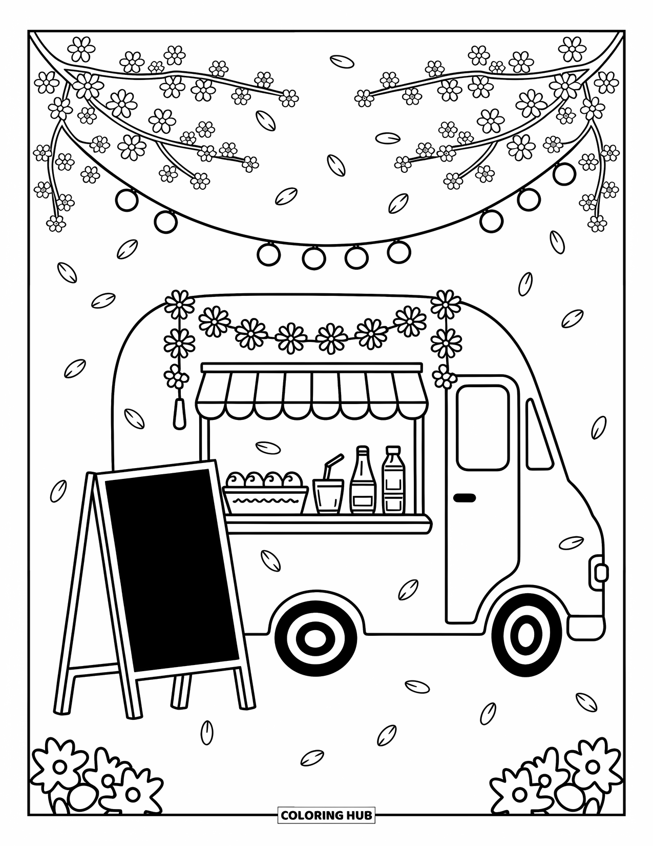 LKW Ausmalbild für Erwachsene: Ein verspielter Imbisswagen serviert Knödel und Getränke auf einem Frühlingsfest unter Kirschblüten