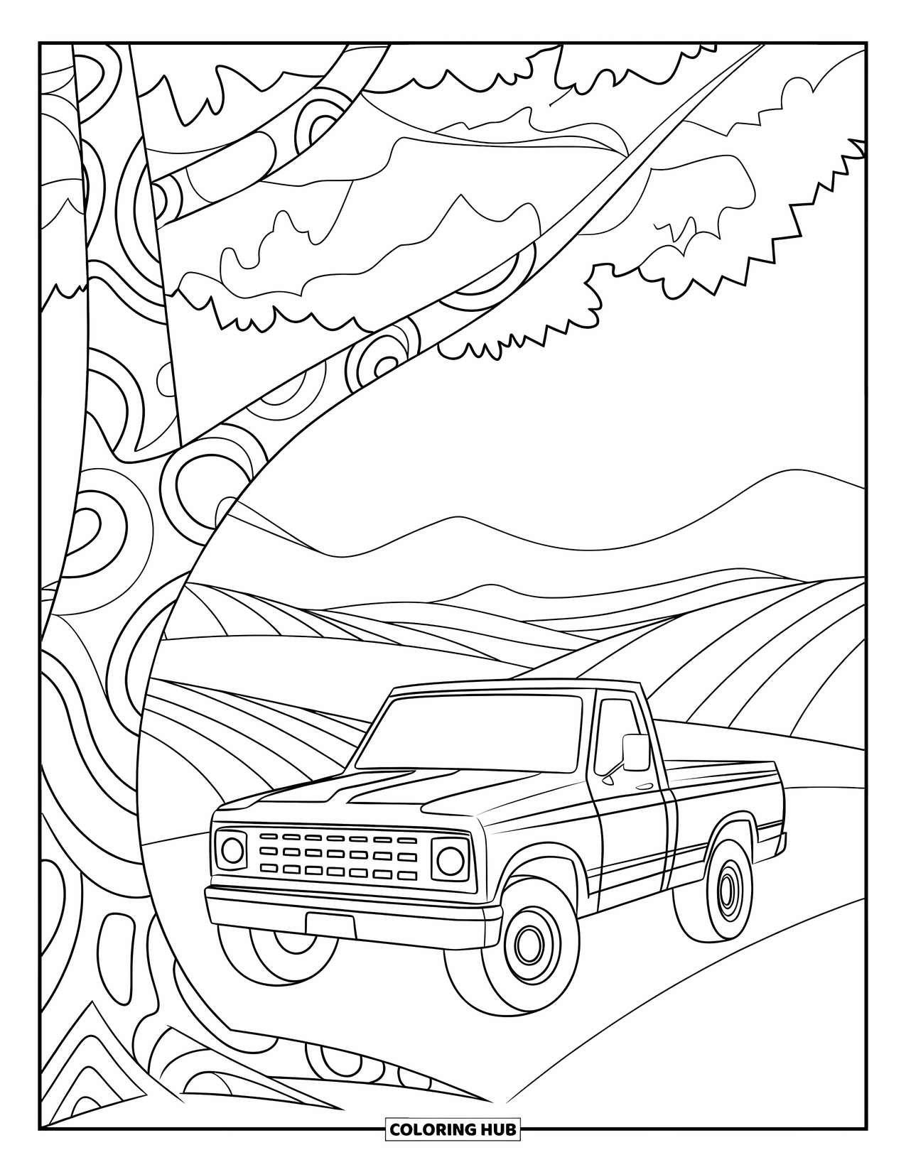 LKW Ausmalbild für Erwachsene: Ein ruhiger Bauern-LKW steht unter einem gemusterten Baum auf dem Land