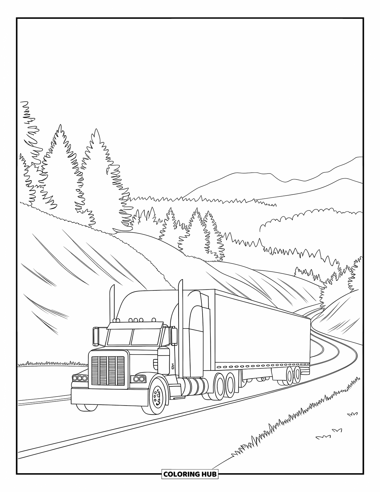 LKW Ausmalbild für Erwachsene: Ein realistischer Sattelschlepper fährt unter einem sonnigen Himmel durch kurvenreiche Waldstraßen