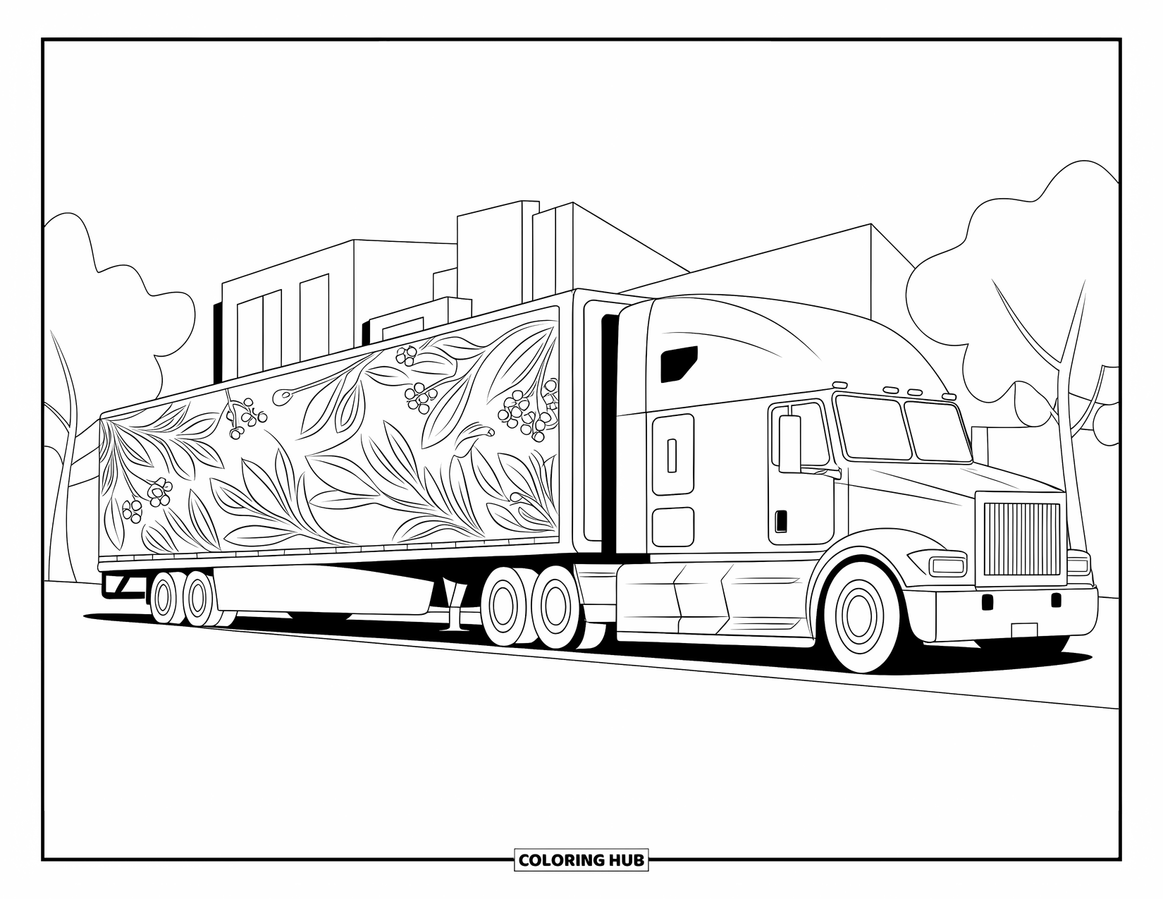LKW Ausmalbild für Erwachsene: Ein Sattelschlepper zieht einen Anhänger mit wirbelnden botanischen Mustern am Straßenrand