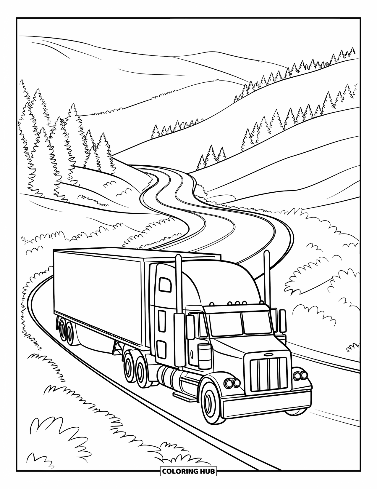LKW Ausmalbild für Erwachsene: Ein Sattelschlepper mit Anhänger windet sich durch grüne Hügel und dichte Wälder