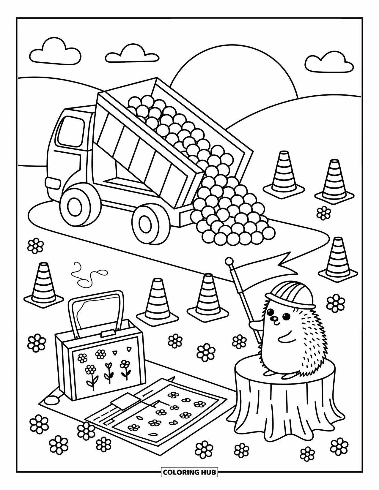 LKW Ausmalbild für Erwachsene: Ein lächelnder Muldenkipper schüttet Kieselsteine aus, während ein winziger Igel mit einer Flagge hilft