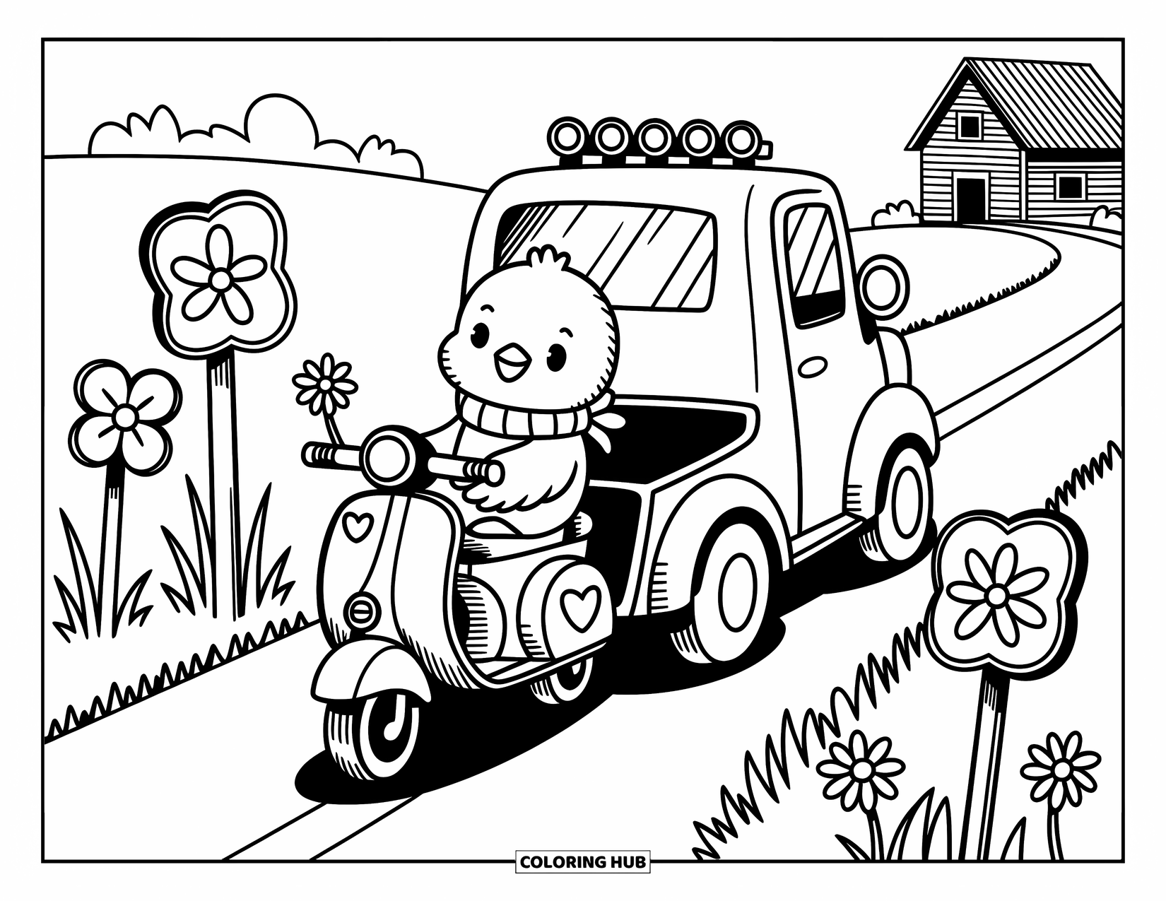 LKW Ausmalbild für Erwachsene: Ein lächelnder Abschleppwagen hebt einen Roller mit Herzrädern an und befördert einen gemütlichen Küken-Passagier