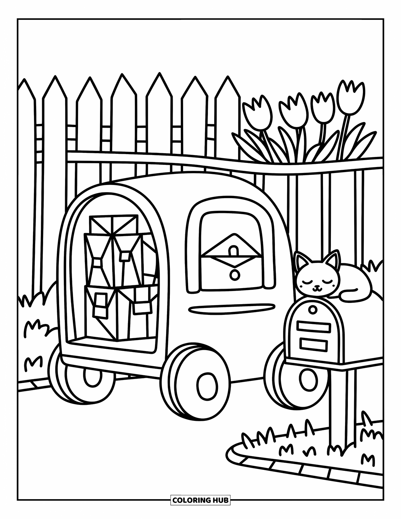 LKW Ausmalbild für Erwachsene: Eine winzige Katze döst auf einem Briefkasten neben einem Postwagen voller Briefe und Pakete