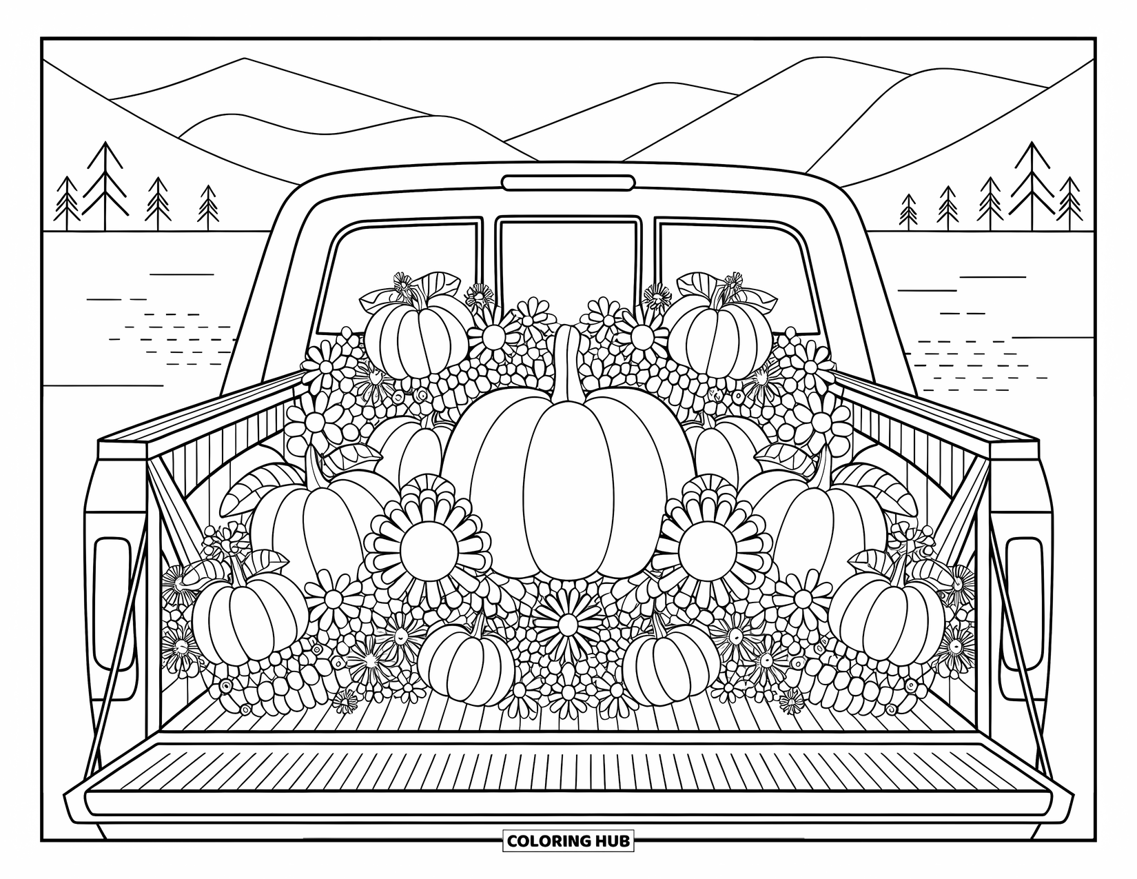 LKW Ausmalbild für Erwachsene: Eine LKW-Ladefläche zeigt Obst und Blumen in Reihen mit Bergen und Wasser dahinter