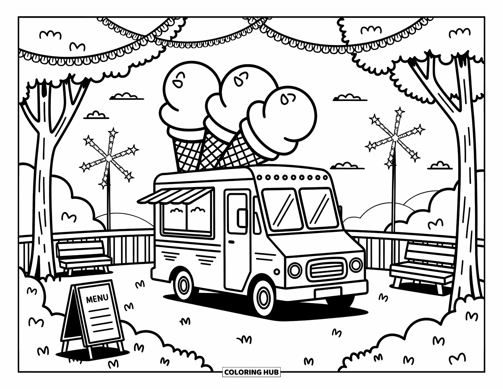 LKW Ausmalbild für Erwachsene: Ein skurriler Eiswagen mit riesigen Waffeln parkt in der Nähe von Girlanden und sich drehenden Sternen