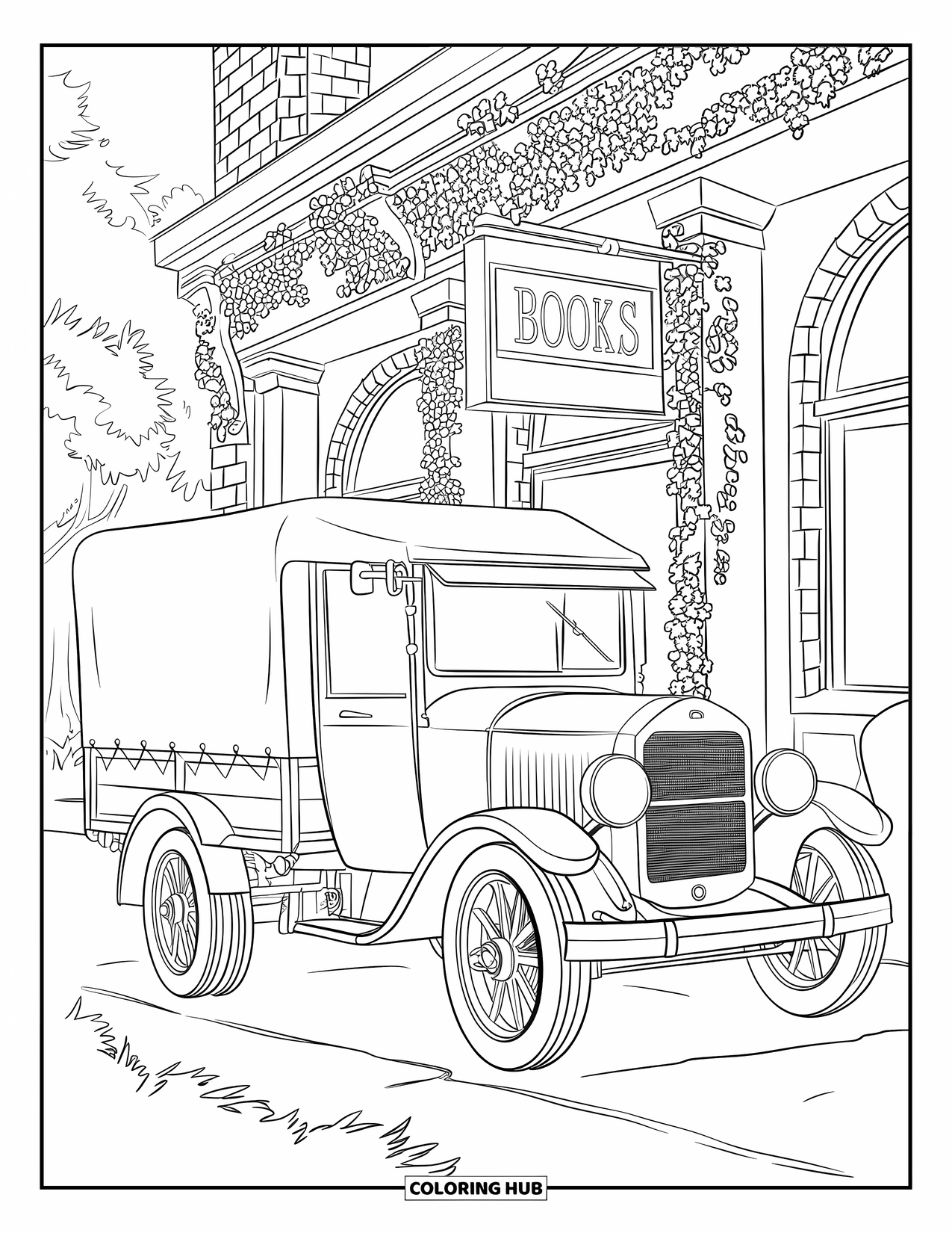 LKW Ausmalbild für Erwachsene: Ein LKW mit Holzrahmen steht in der Nähe einer mit Wein bewachsenen Buchhandlung mit einem "Books"-Schild