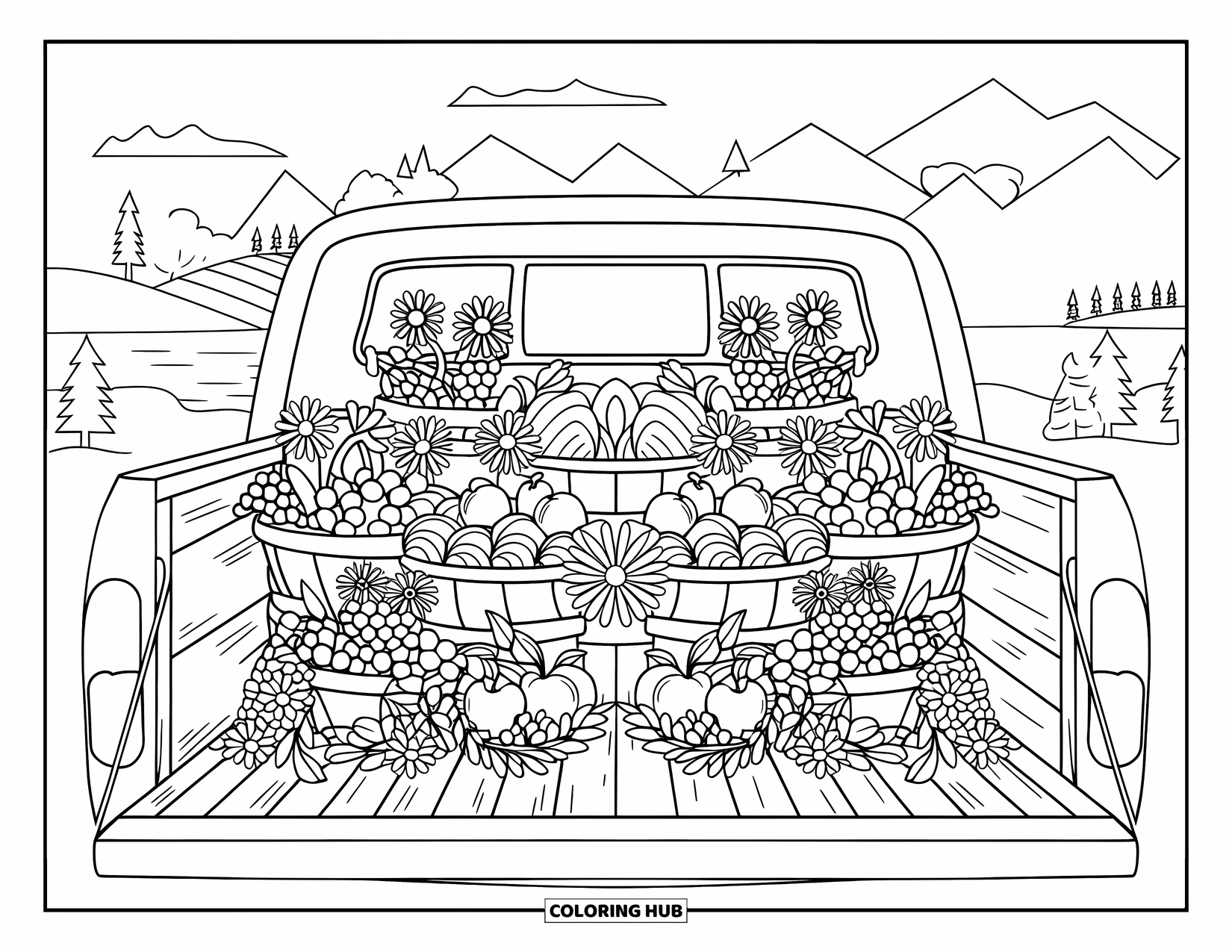LKW Ausmalbild für Erwachsene: Eine hölzerne LKW-Ladefläche enthält Obst und Blumen, die in wunderschönen, symmetrischen Mustern angeordnet sind