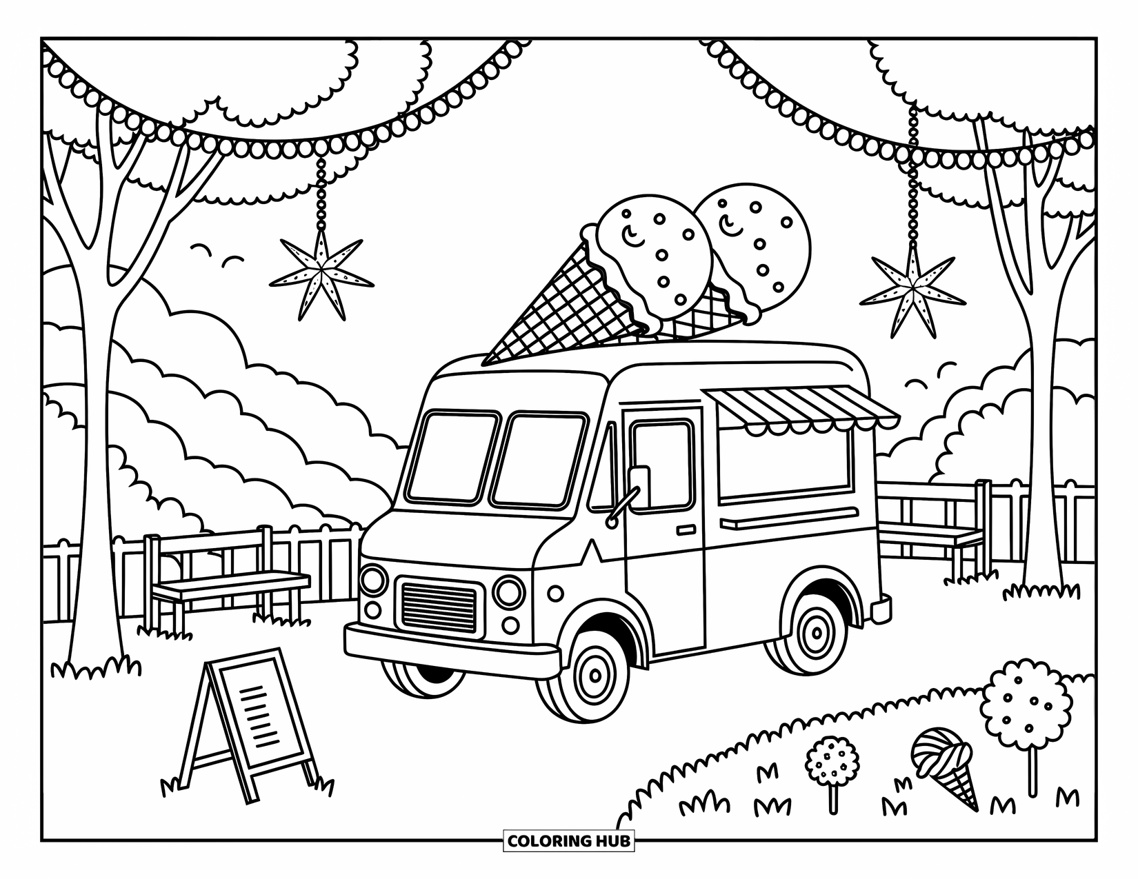 LKW Ausmalbild für Erwachsene: Ein Eiswagen mit Waffeldekorationen parkt auf einem Hügel mit Girlanden und sich drehenden Sternen