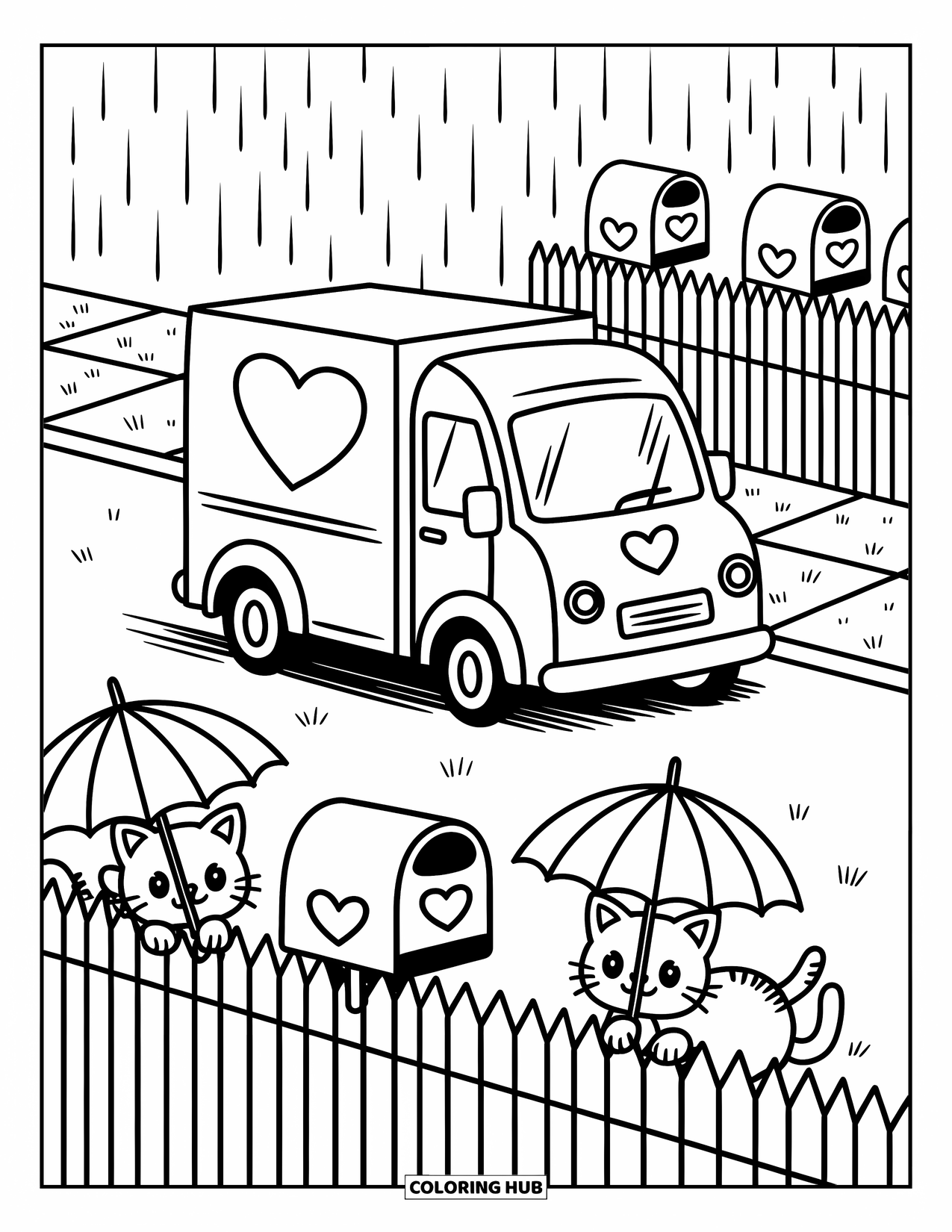 LKW Ausmalbild für Erwachsene: Kätzchen mit Regenschirmen beobachten, wie ein LKW mit Herzlogo auf einer ruhigen, regnerischen Straße vorbeifährt