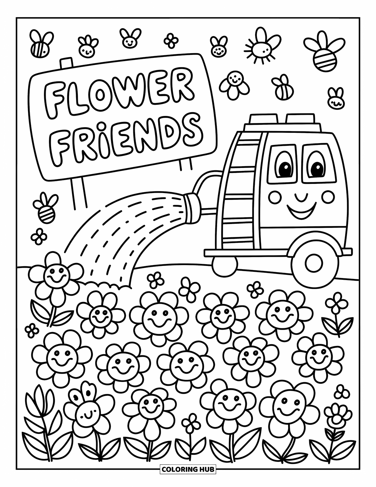 LKW Ausmalbild für Erwachsene: Lächelnde Blumen werden sanft von einer Feuerwehr mit einer Bewässerungsschlauchleiter besprüht
