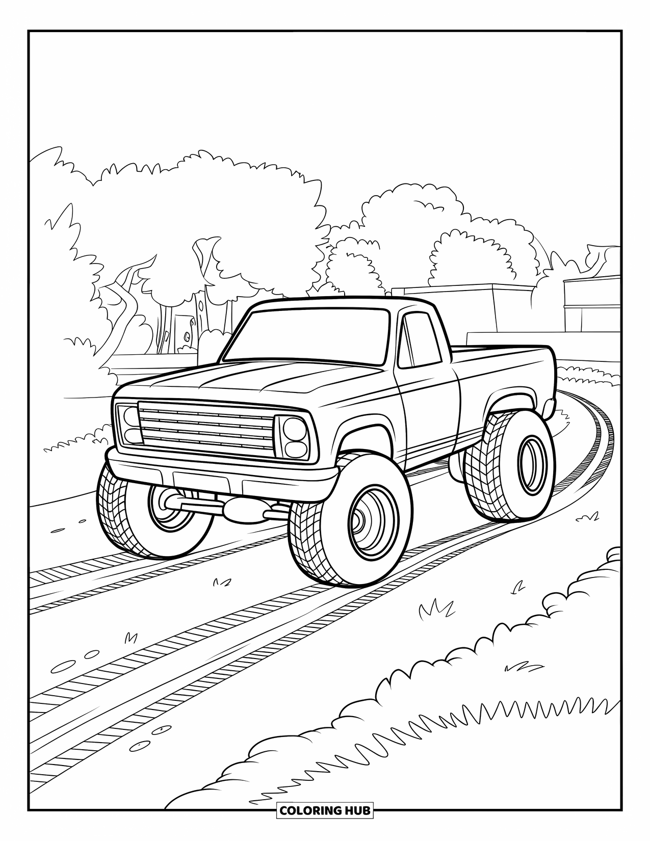 LKW Ausmalbild für Kinder: Ein kräftiger Rennwagen parkt auf einer unbefestigten Strecke in der Nähe von Bäumen und einem Gebäude