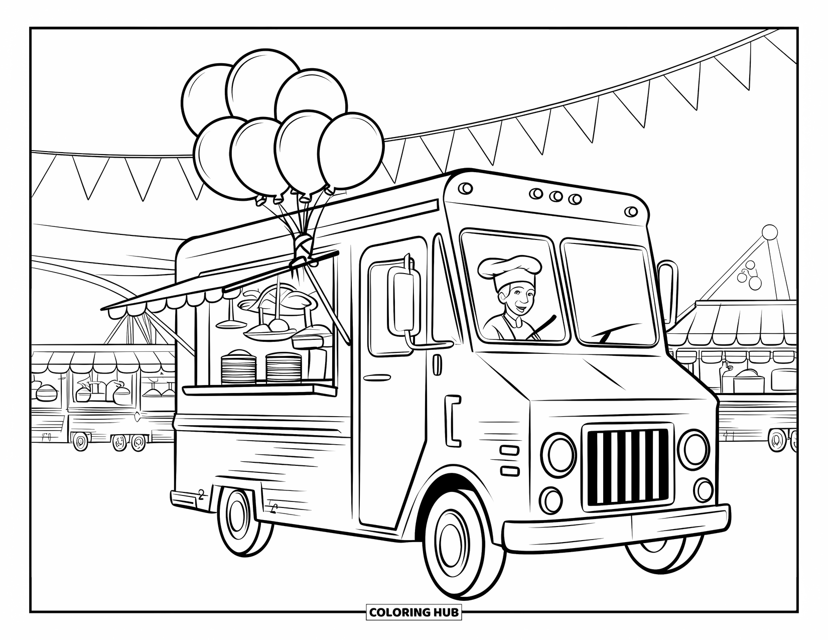 LKW Ausmalbild für Kinder: Ein fröhlicher Koch in einem Imbisswagen begrüßt die Besucher auf dem Jahrmarkt