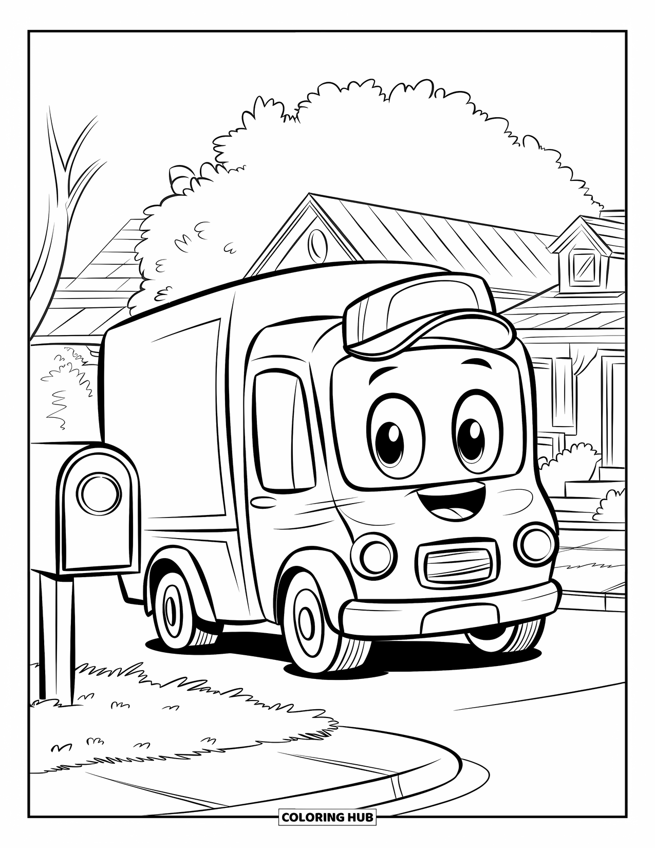 LKW Ausmalbild für Kinder: Ein fröhlicher Lieferwagen mit Mütze macht in einer ruhigen, von Bäumen gesäumten Straße Pause