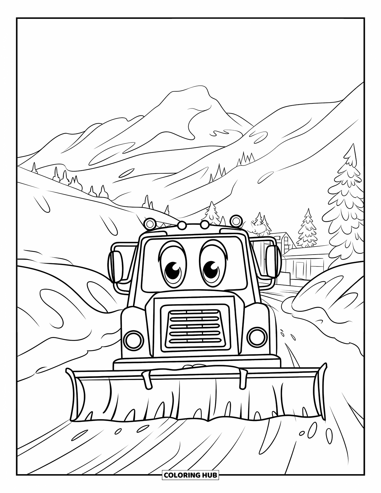 LKW Ausmalbild für Kinder: Ein fröhlicher Schneepflug mit Gesicht räumt Schnee in der Nähe von Bergen und Häusern