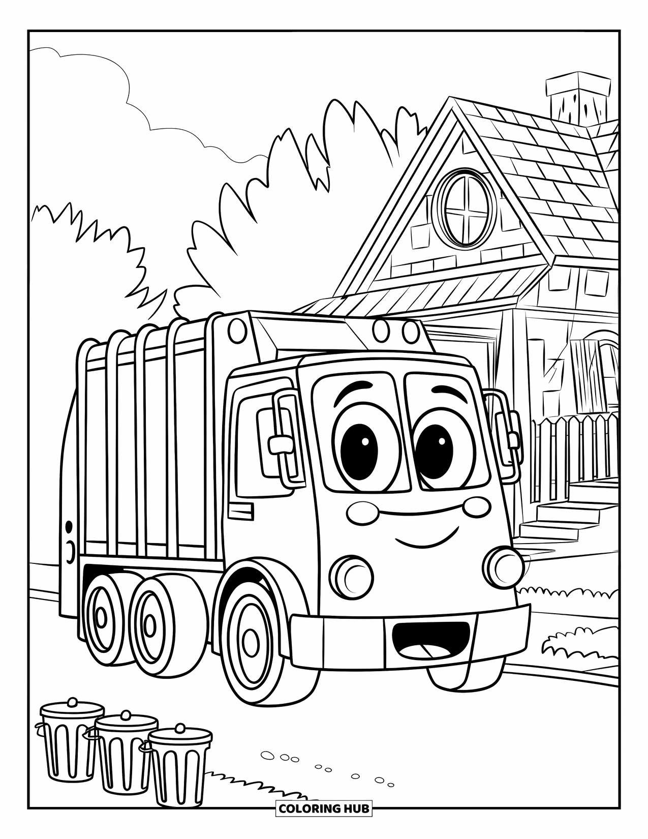 LKW Ausmalbild für Kinder: Ein niedlicher Müllwagen mit großen runden Rädern lächelt vor einem Haus mit einem Gehweg und Bäumen
