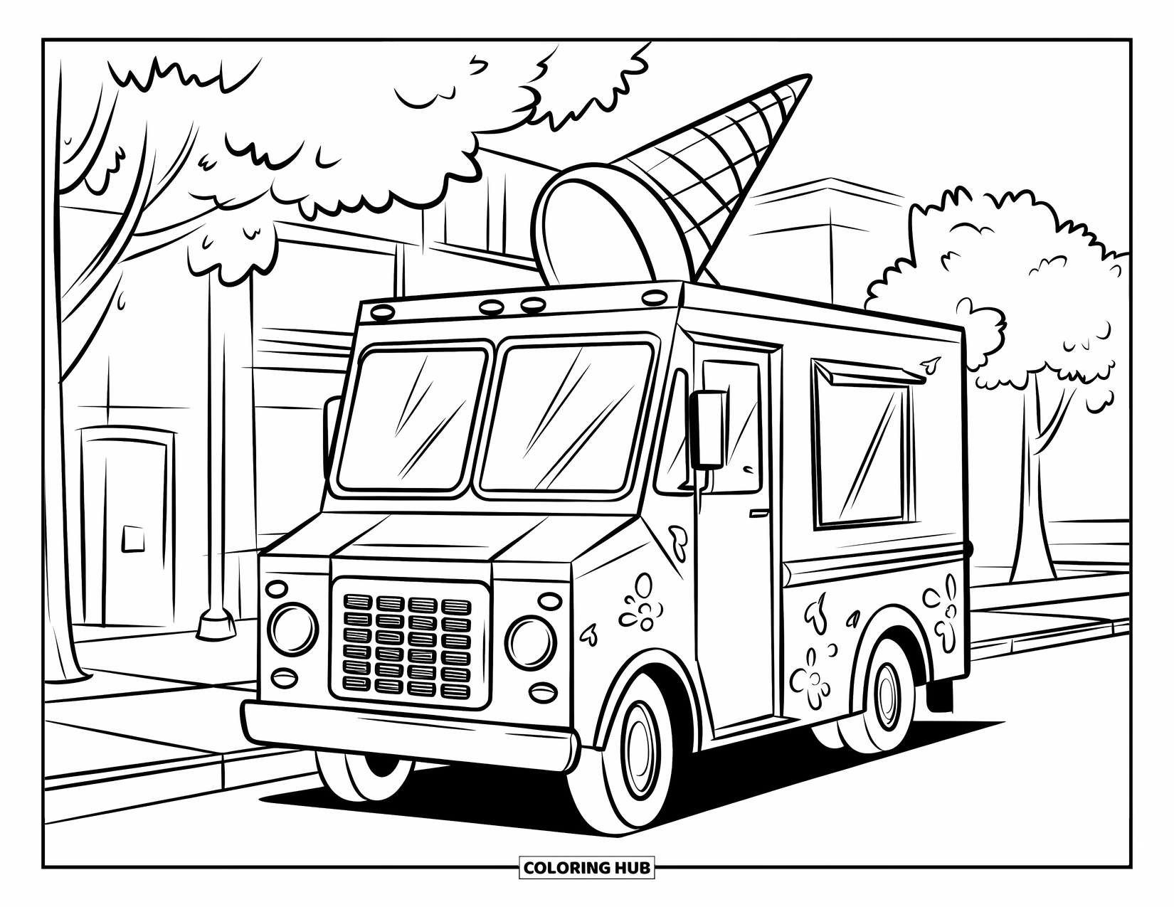 LKW Ausmalbild für Kinder: Ein niedlicher Eiswagen mit einer Waffel auf dem Dach parkt in einer ruhigen Straße