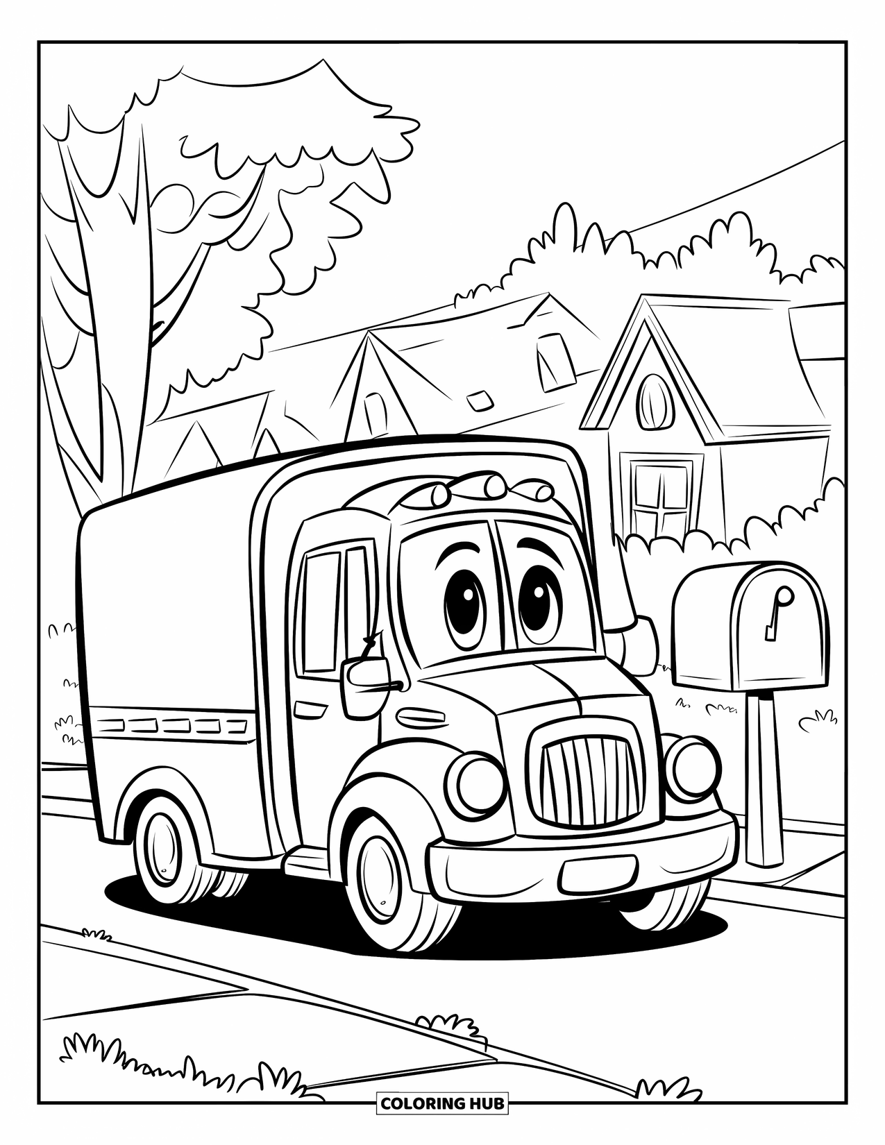 LKW Ausmalbild für Kinder: Ein Lieferwagen parkt neben einem Briefkasten in der Nähe von Bäumen und Vorstadthäusern