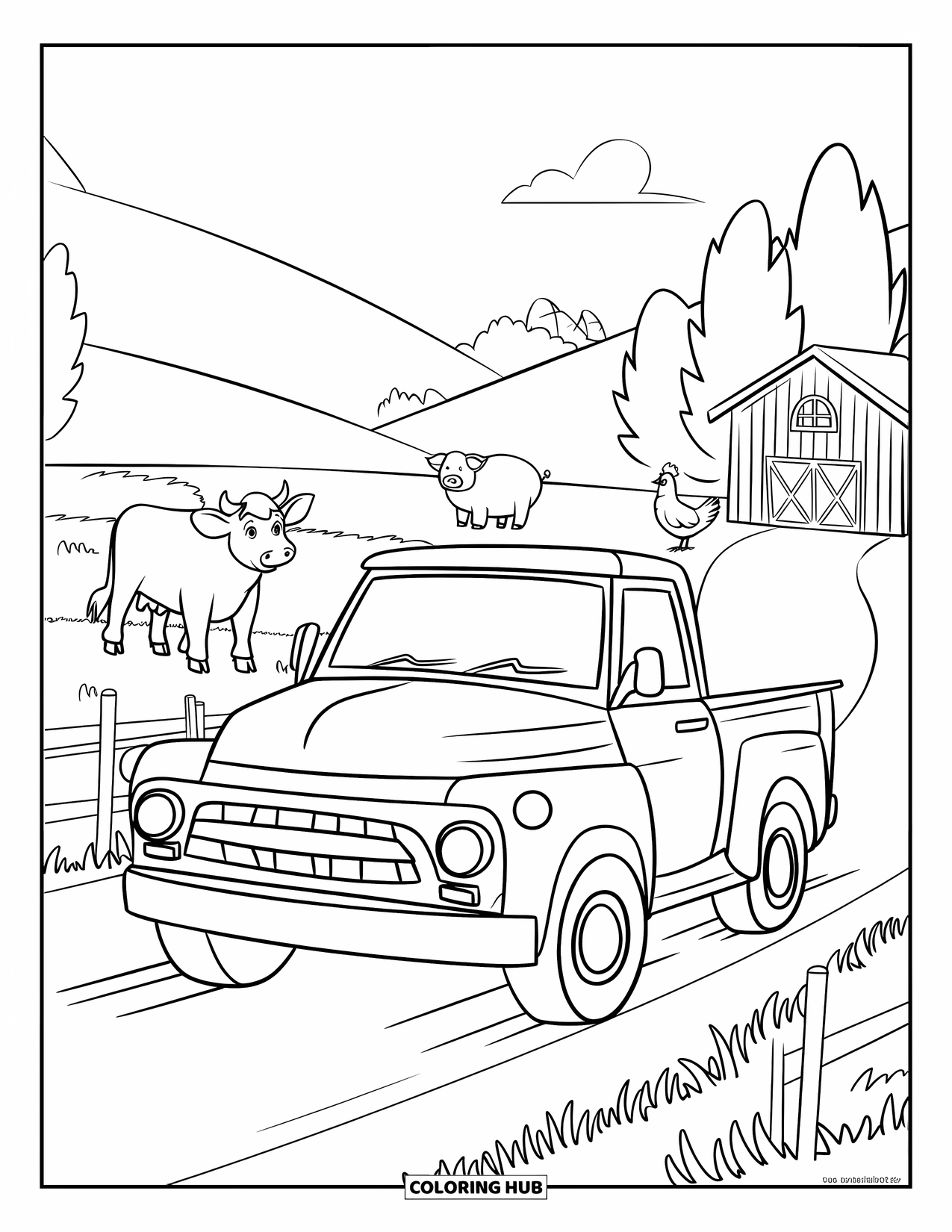 LKW Ausmalbild für Kinder: Ein Bauern-LKW fährt an Bäumen, einem Zaun und einer entfernten Scheune mit Tieren vorbei