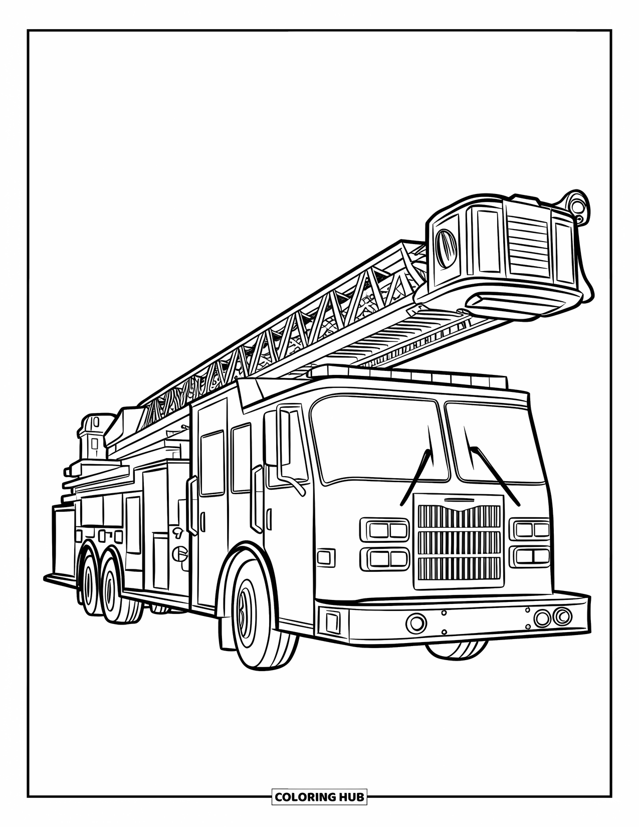 LKW Ausmalbild für Kinder: Eine Feuerwehr fährt ihre Leiter in einer ruhigen Wohngegend aus