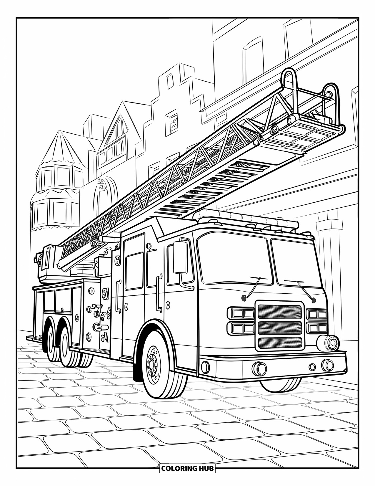 LKW Ausmalbild für Kinder: Eine Feuerwehrleiter lehnt an einem detaillierten Gebäude mit einzigartiger Architektur