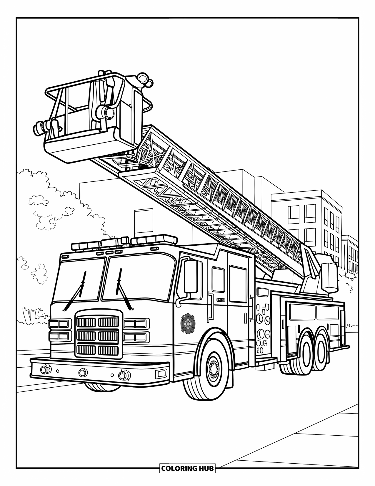 LKW Ausmalbild für Kinder: Eine Feuerwehr mit ausgefahrener Plattformleiter und kräftigem Logo steht auf einem Bürgersteig in der Nähe von Gebäuden