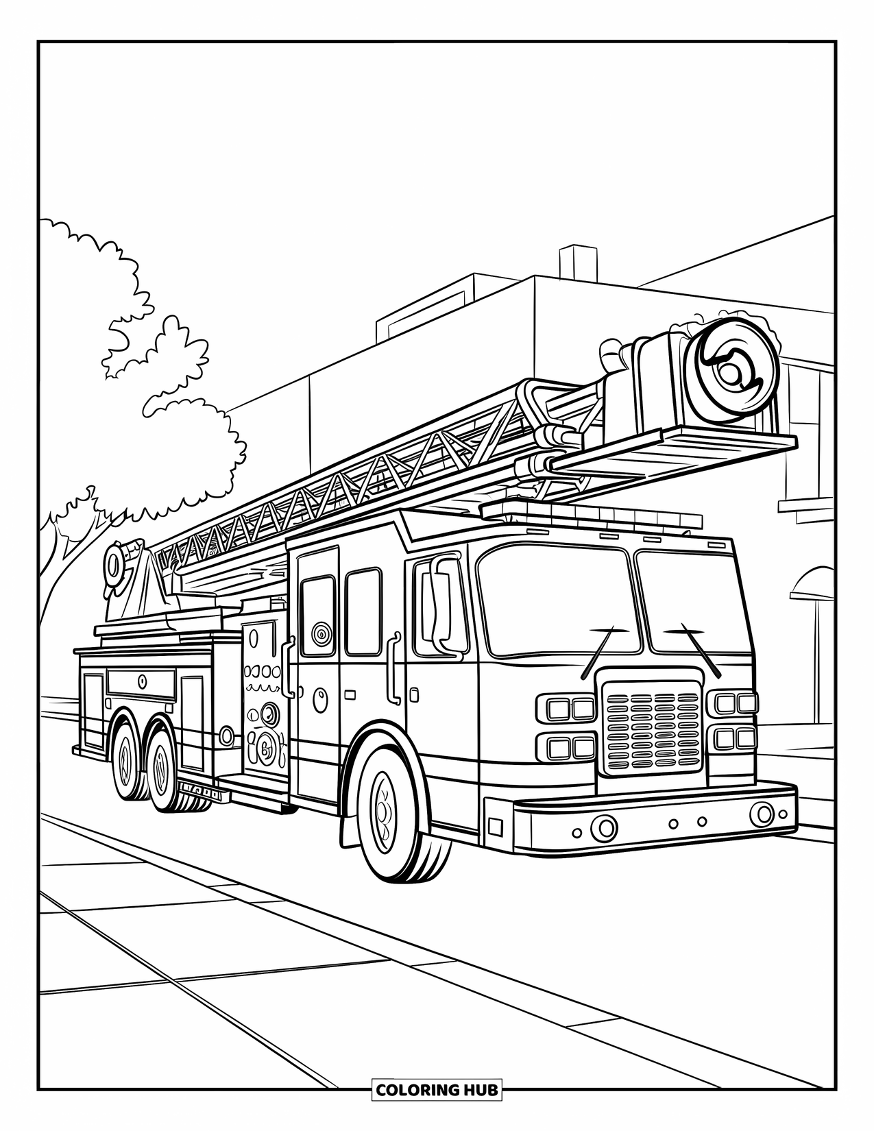 LKW Ausmalbild für Kinder: Eine Feuerwehr mit großer Leiter und Sirene parkt neben Bäumen und Gebäuden an einer klaren Straße