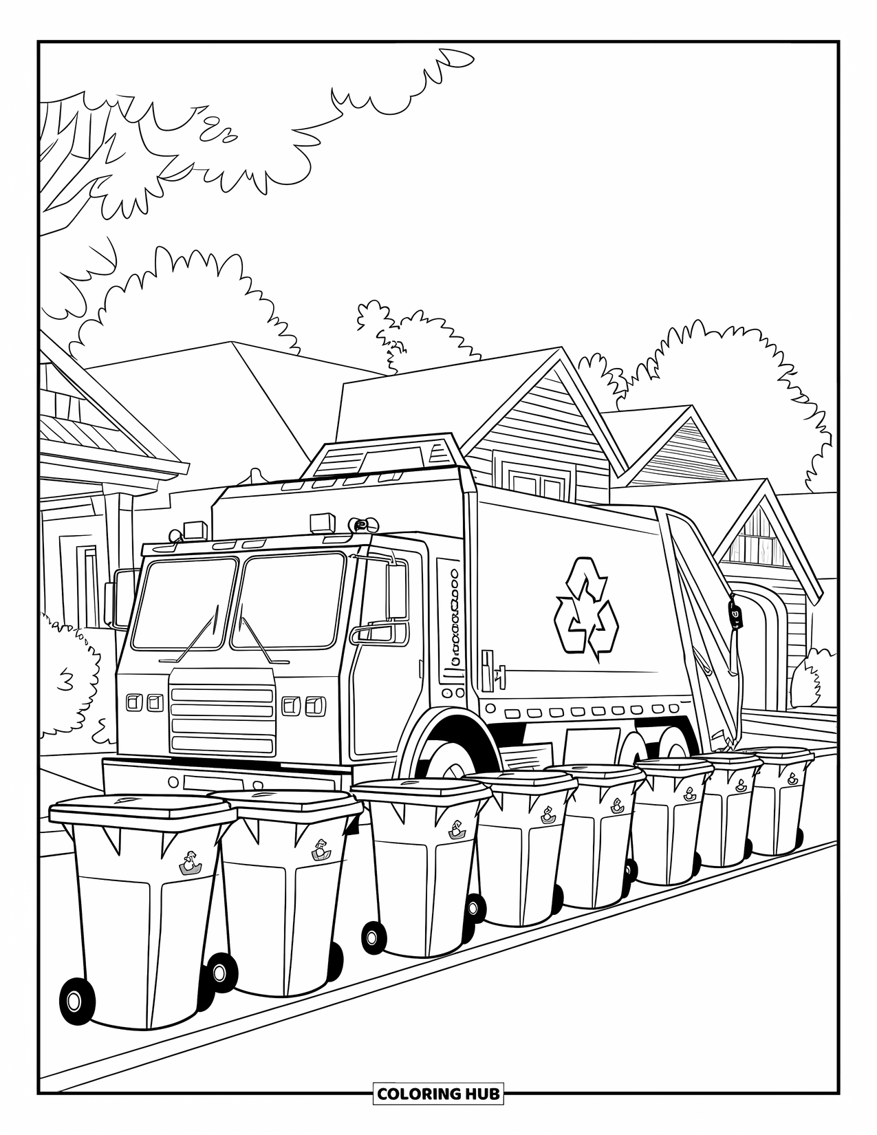 LKW Ausmalbild für Kinder: Ein Müllwagen sammelt Mülltonnen entlang einer ruhigen Straße mit Häusern und Bäumen