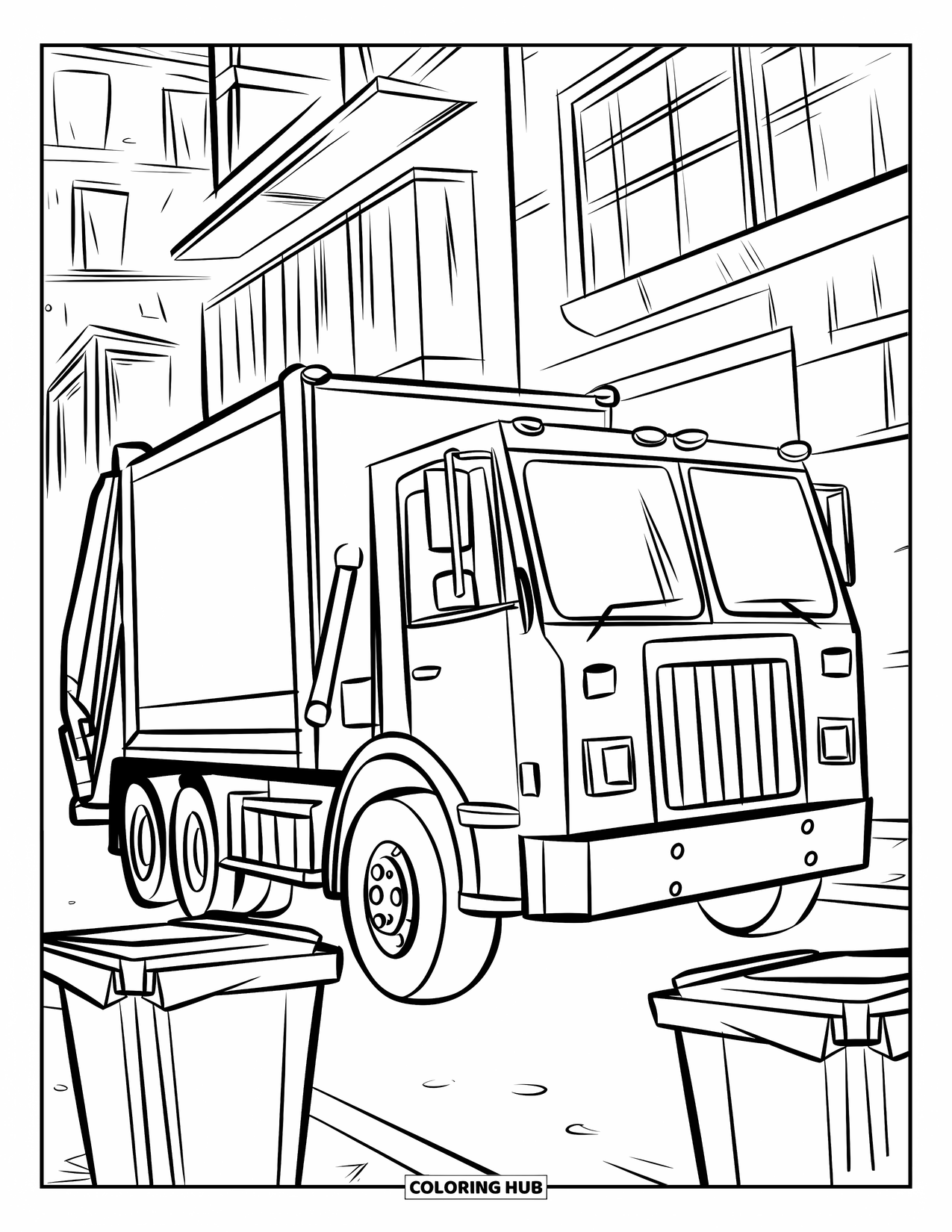 LKW Ausmalbild für Kinder: Ein Müllwagen parkt in einer Gasse neben offenen Mülltonnen und Gebäuden