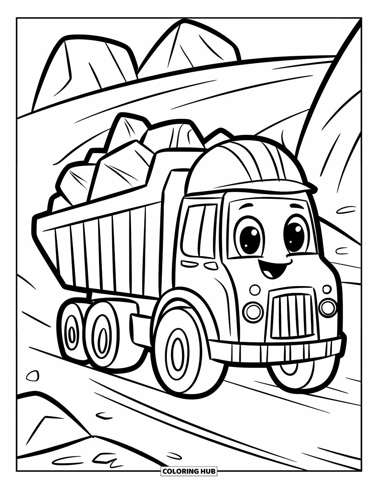 LKW Ausmalbild für Kinder: Ein fröhlicher Muldenkipper mit Helm transportiert Steine auf einem felsigen Pfad mit kräftigen, leicht auszumalenden Linien
