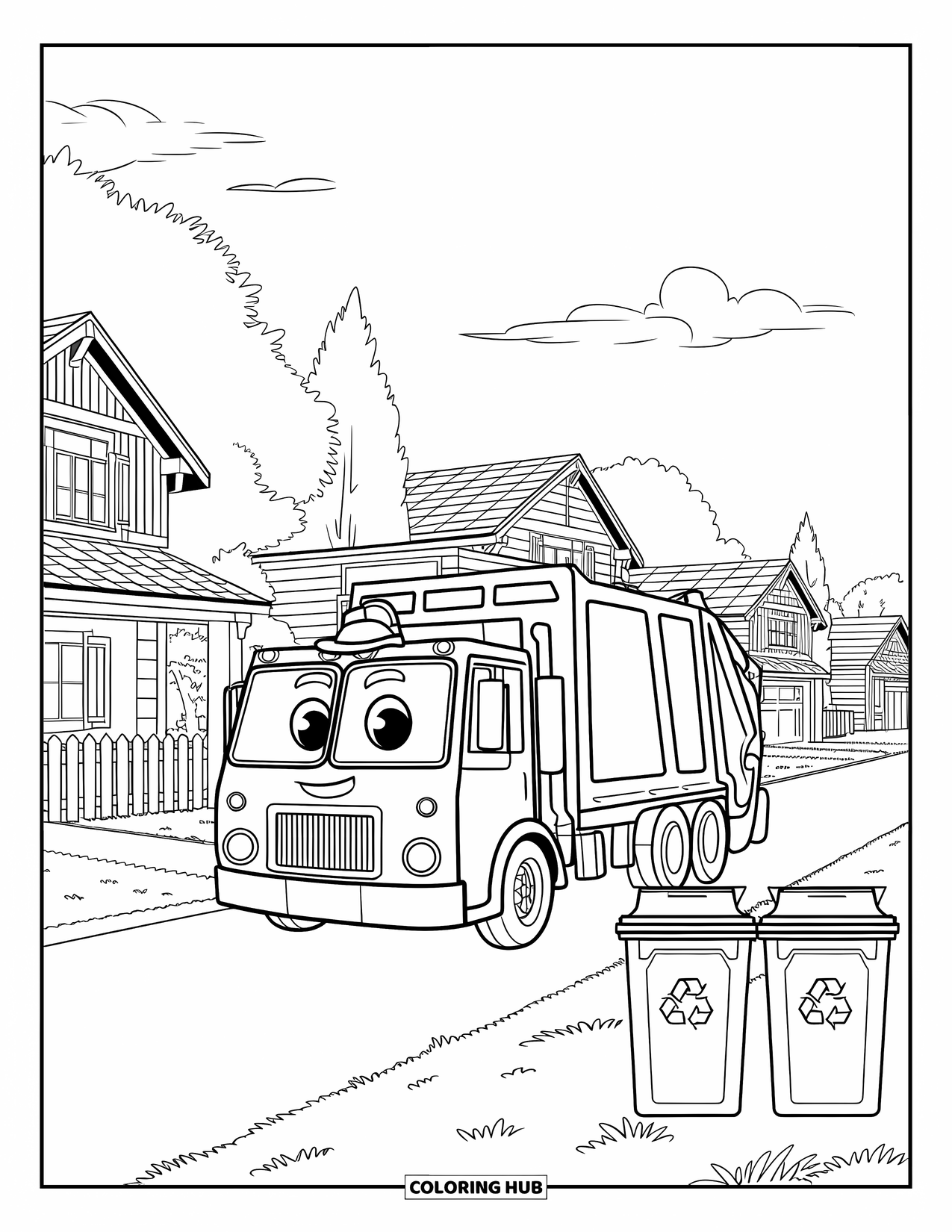 LKW Ausmalbild für Kinder: Ein fröhlicher Müllwagen mit Hut sammelt beschriftete Mülltonnen an gemütlichen Häusern ab