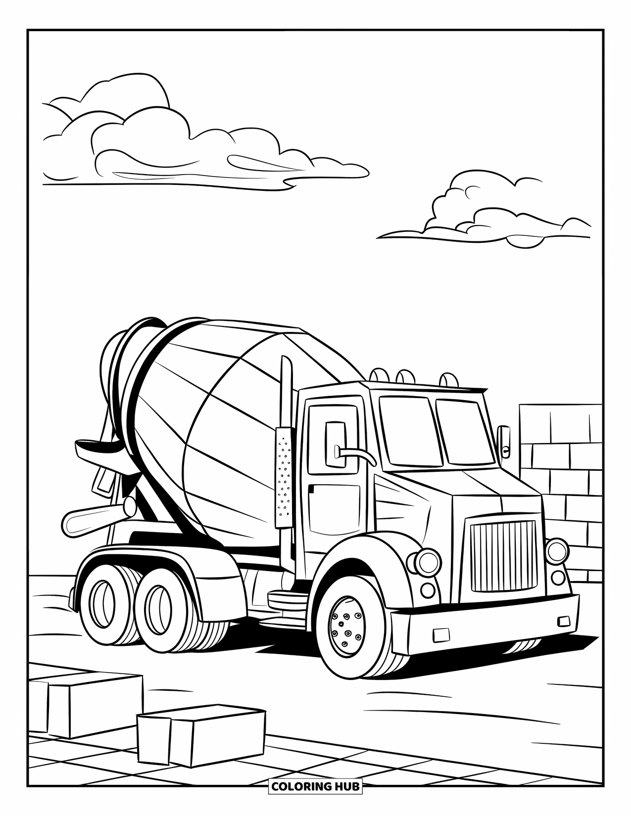 LKW Ausmalbild für Kinder: Ein fröhlicher Zementmischer arbeitet in der Nähe von Betonblöcken unter einem hellen, flauschigen Himmel