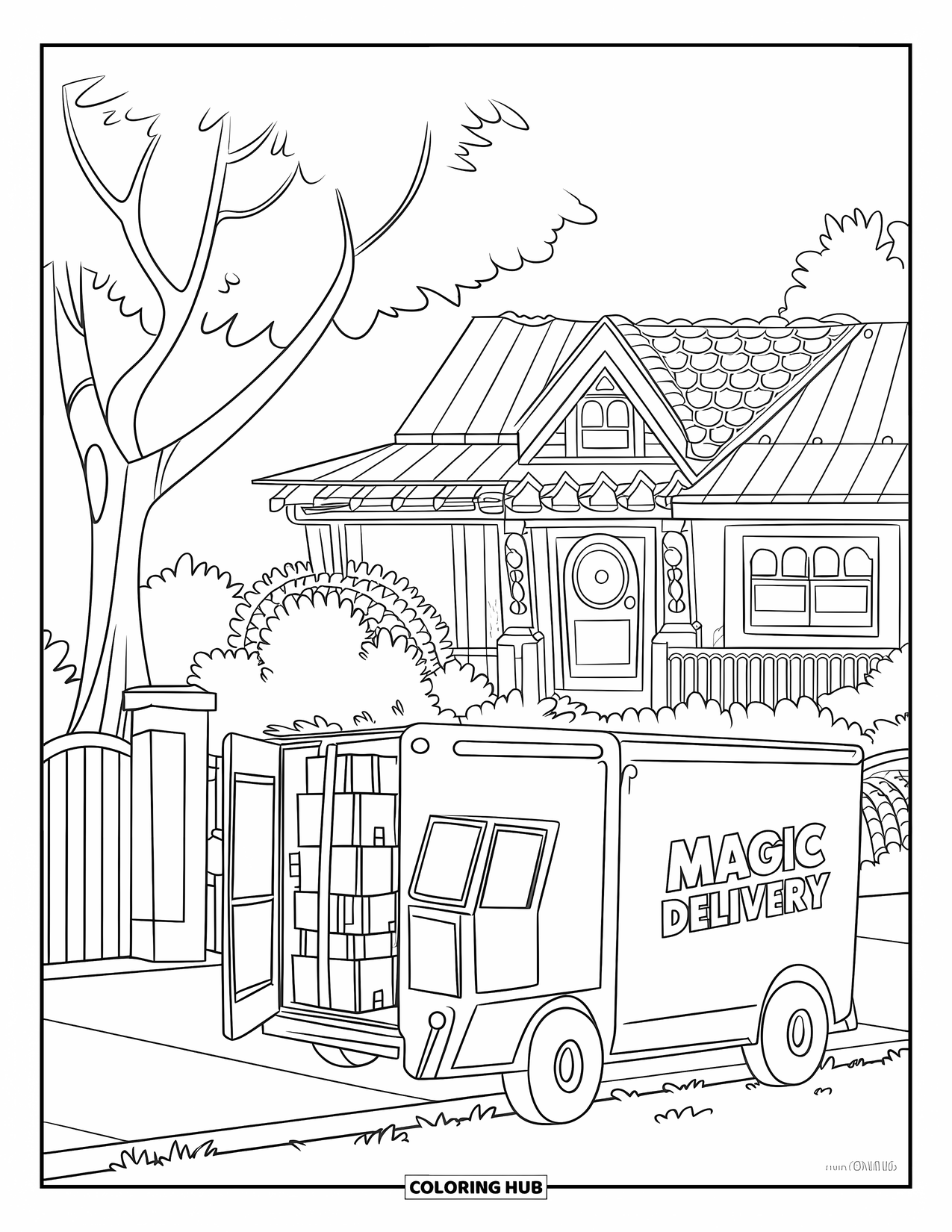 LKW Ausmalbild für Kinder: Ein "Magic Delivery"-LKW lädt Kisten in der Nähe eines rot gedeckten Hauses und eines weißen Zauns ab