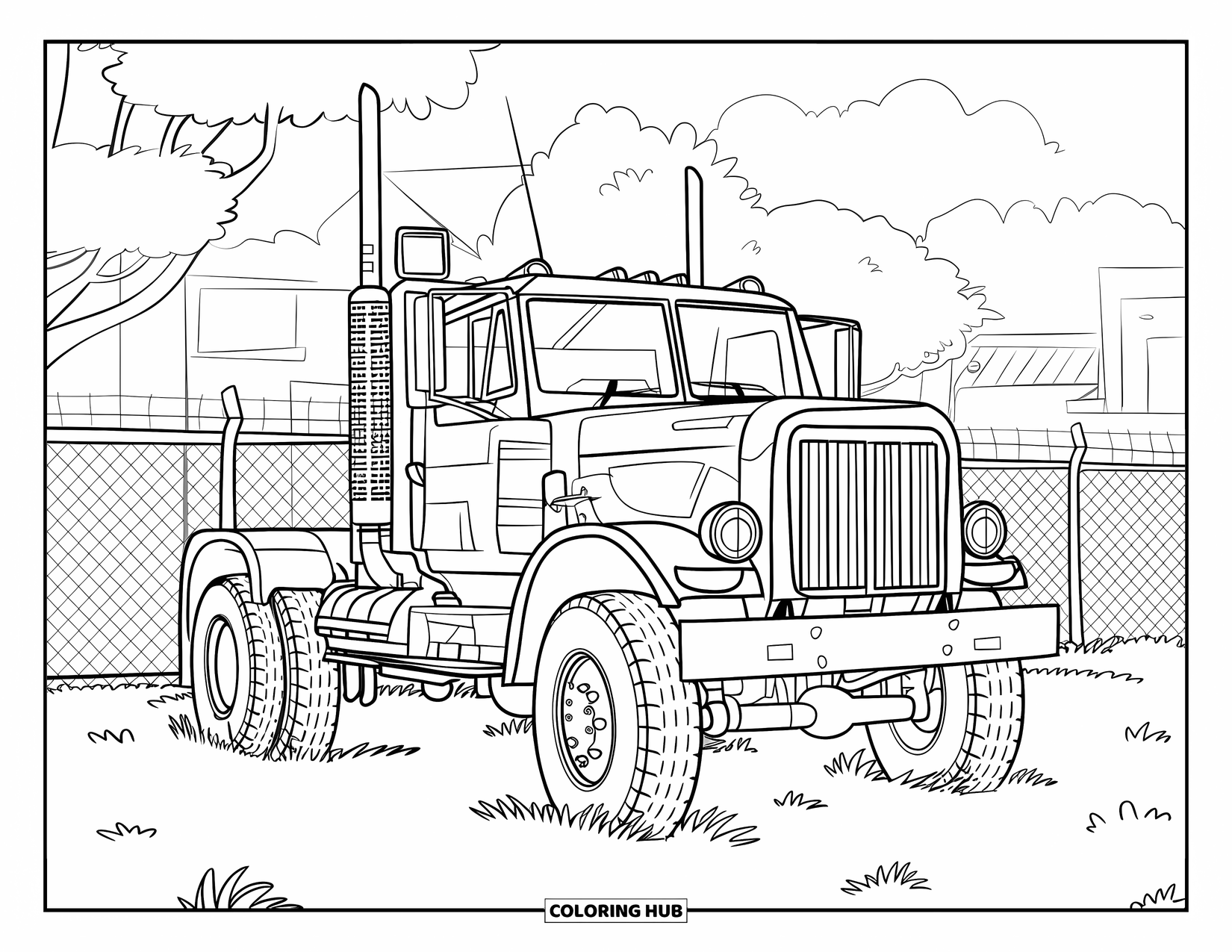 LKW Ausmalbild für Kinder: Ein Militär-LKW mit großer Antenne parkt auf einem grasbewachsenen, eingezäunten Feld